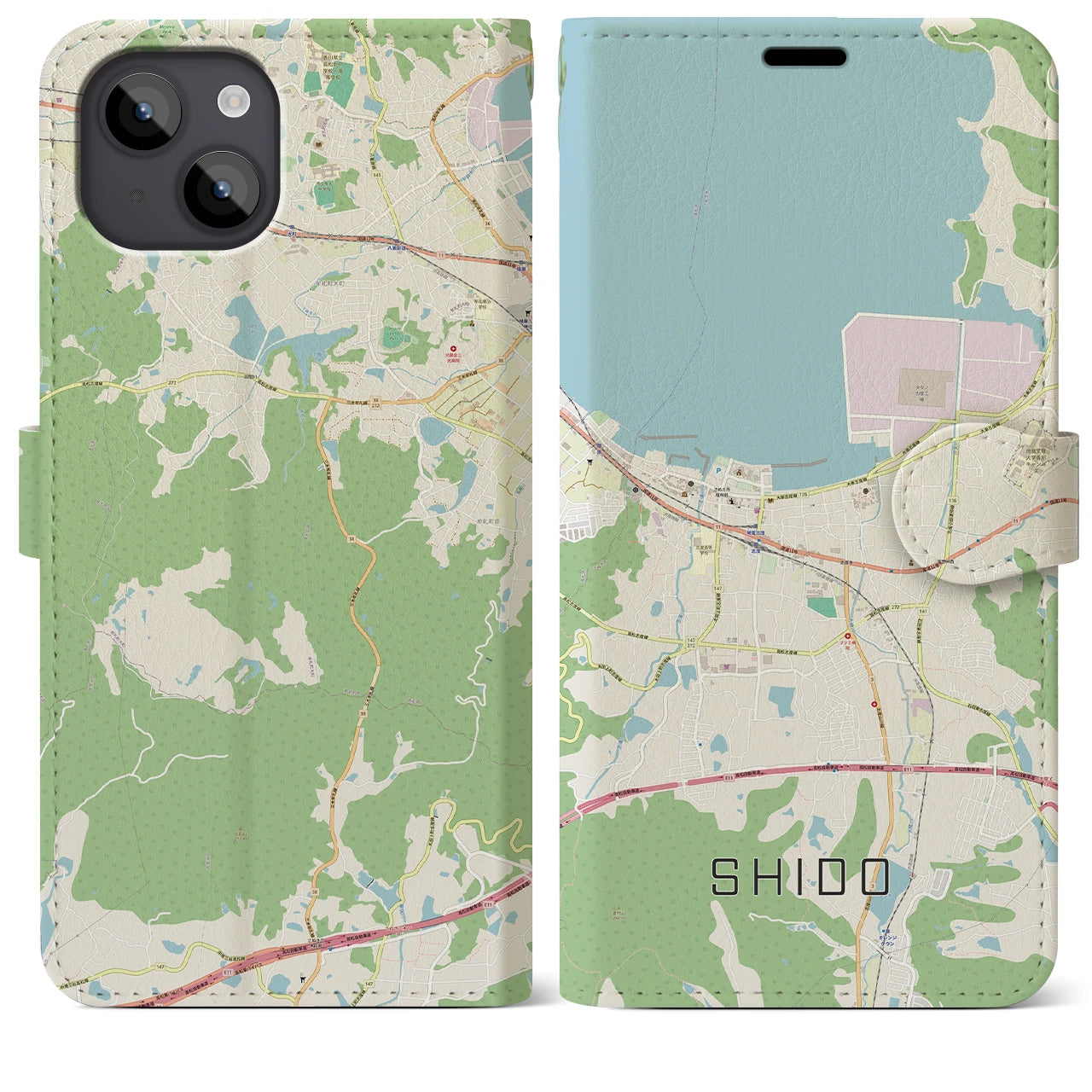 【志度(香川県)】地図柄iPhoneケース(手帳タイプ)ナチュラル・iPhone 14 Plus 用