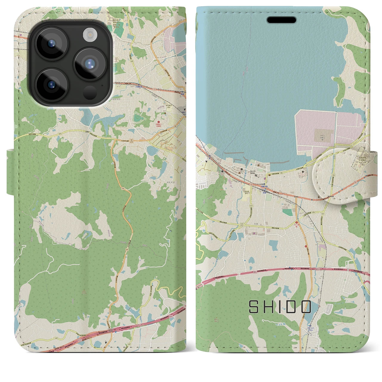 【志度(香川県)】地図柄iPhoneケース(手帳タイプ)ナチュラル・iPhone 15 Pro Max 用