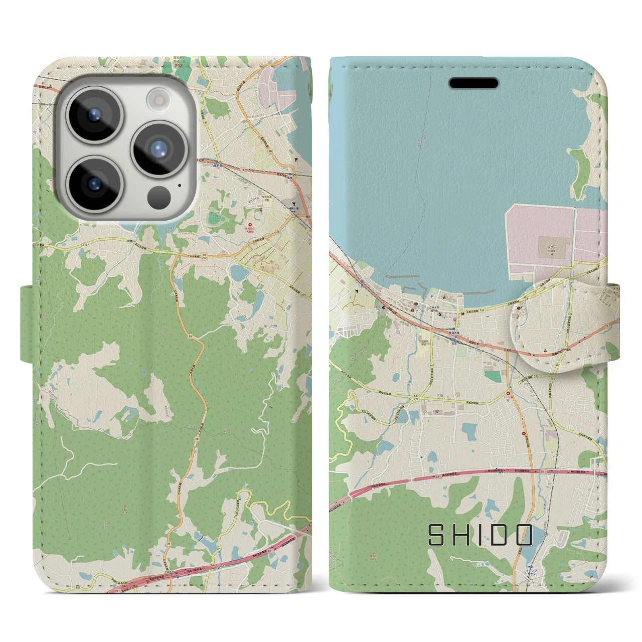 【志度(香川県)】地図柄iPhoneケース(手帳タイプ)ナチュラル・iPhone 15 Pro 用