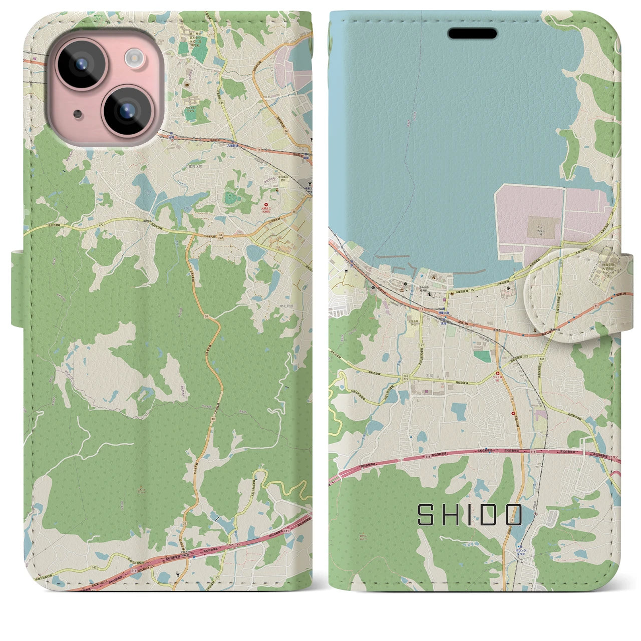 【志度(香川県)】地図柄iPhoneケース(手帳タイプ)ナチュラル・iPhone 15 Plus 用