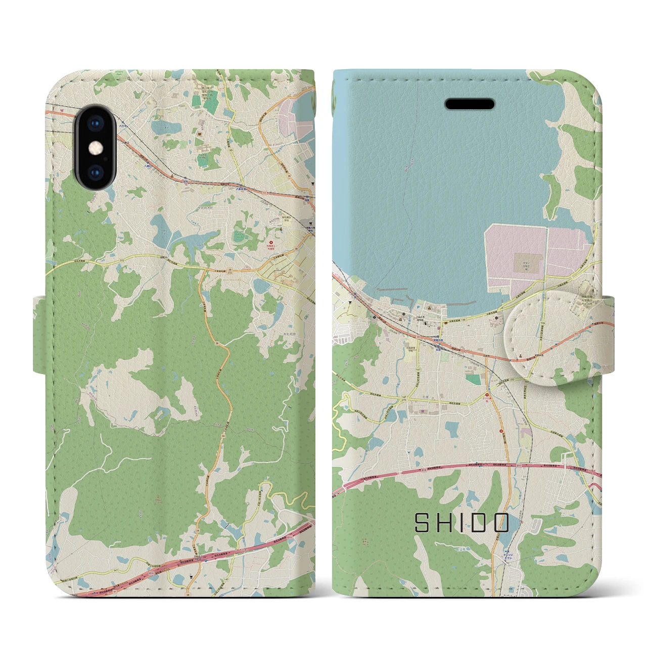 【志度(香川県)】地図柄iPhoneケース(手帳タイプ)ナチュラル・iPhone XS / X 用