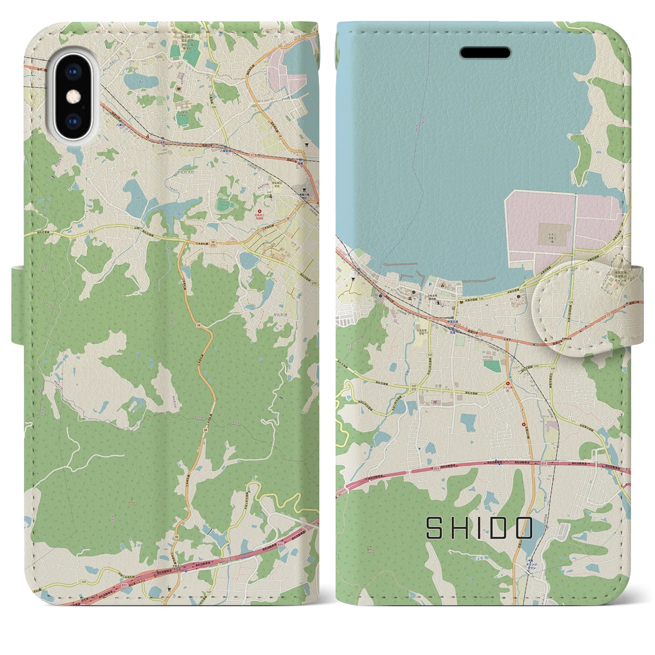 【志度(香川県)】地図柄iPhoneケース(手帳タイプ)ナチュラル・iPhone XS Max 用