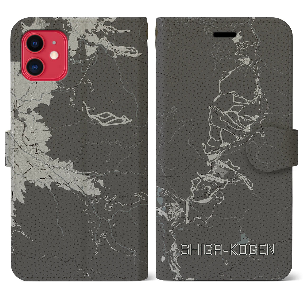 【志賀高原(長野県)】地図柄iPhoneケース(手帳タイプ)モノトーン・iPhone 11 用