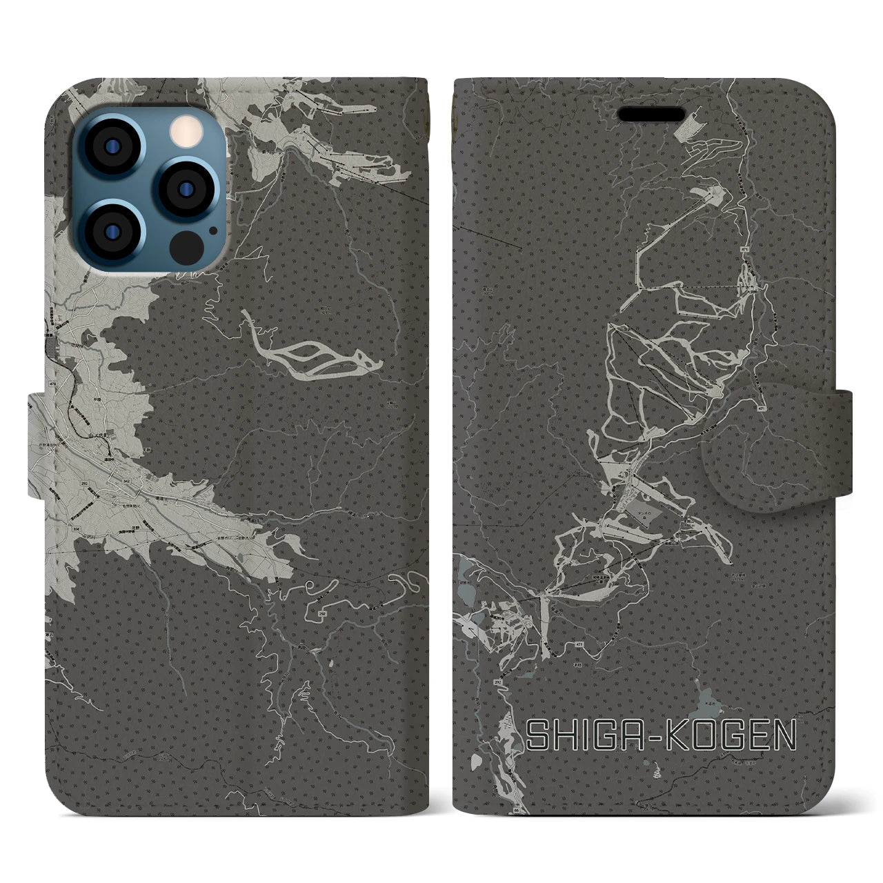 【志賀高原(長野県)】地図柄iPhoneケース(手帳タイプ)モノトーン・iPhone 12 / 12 Pro 用