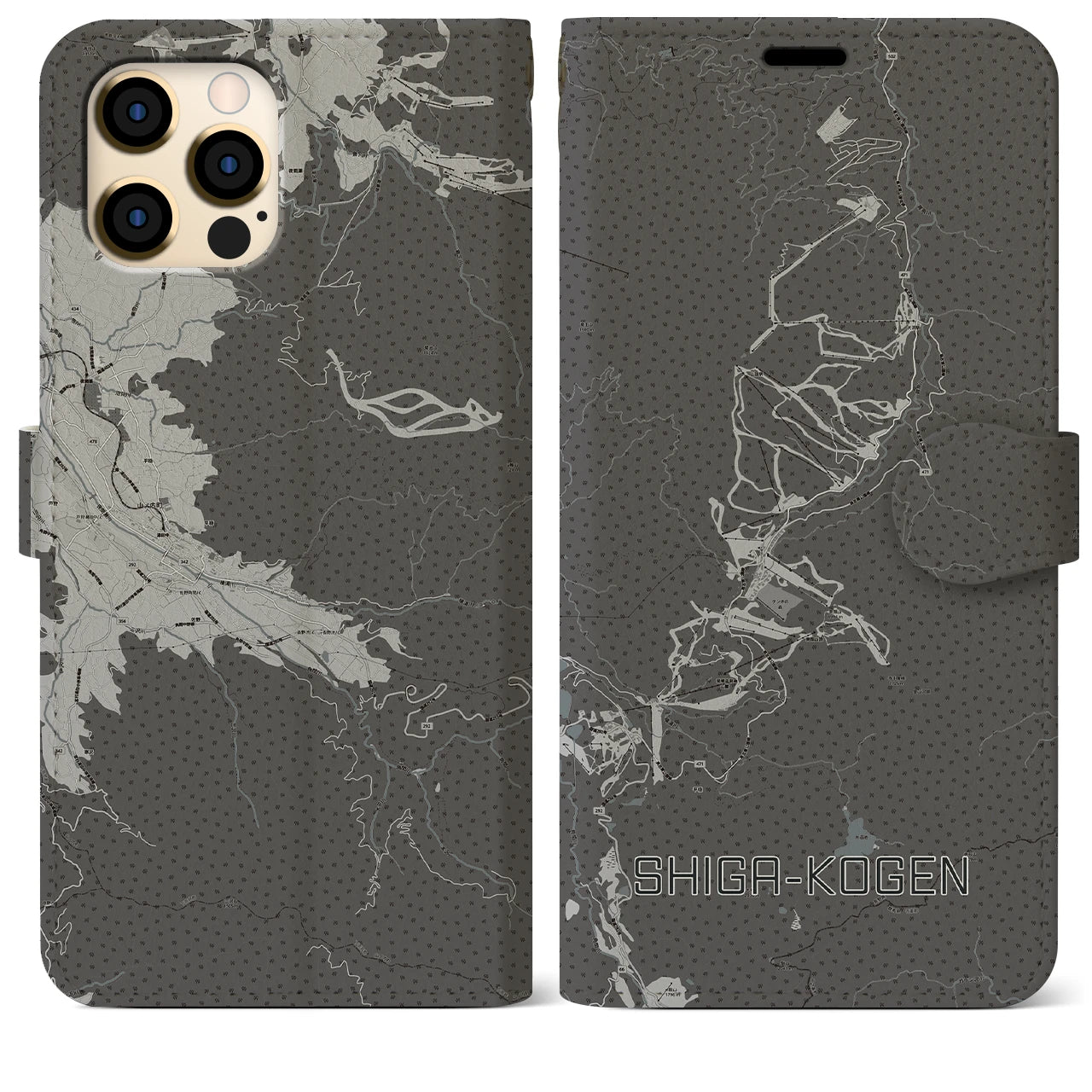 【志賀高原(長野県)】地図柄iPhoneケース(手帳タイプ)モノトーン・iPhone 12 Pro Max 用