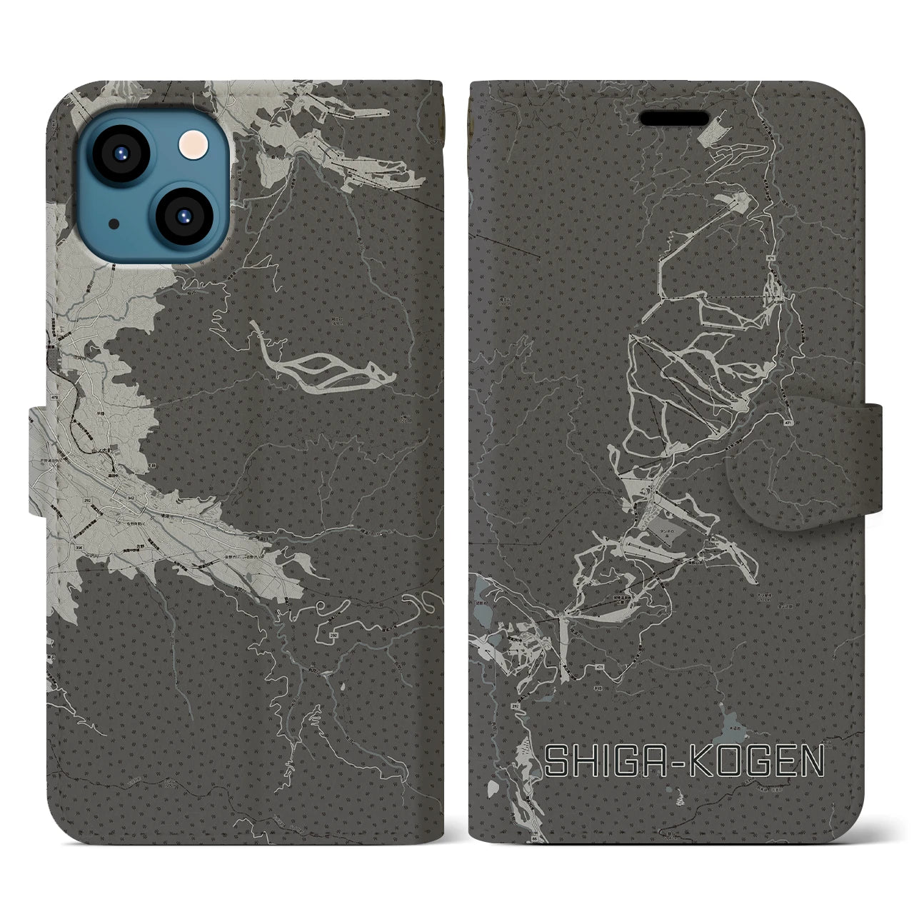 【志賀高原(長野県)】地図柄iPhoneケース(手帳タイプ)モノトーン・iPhone 13 用