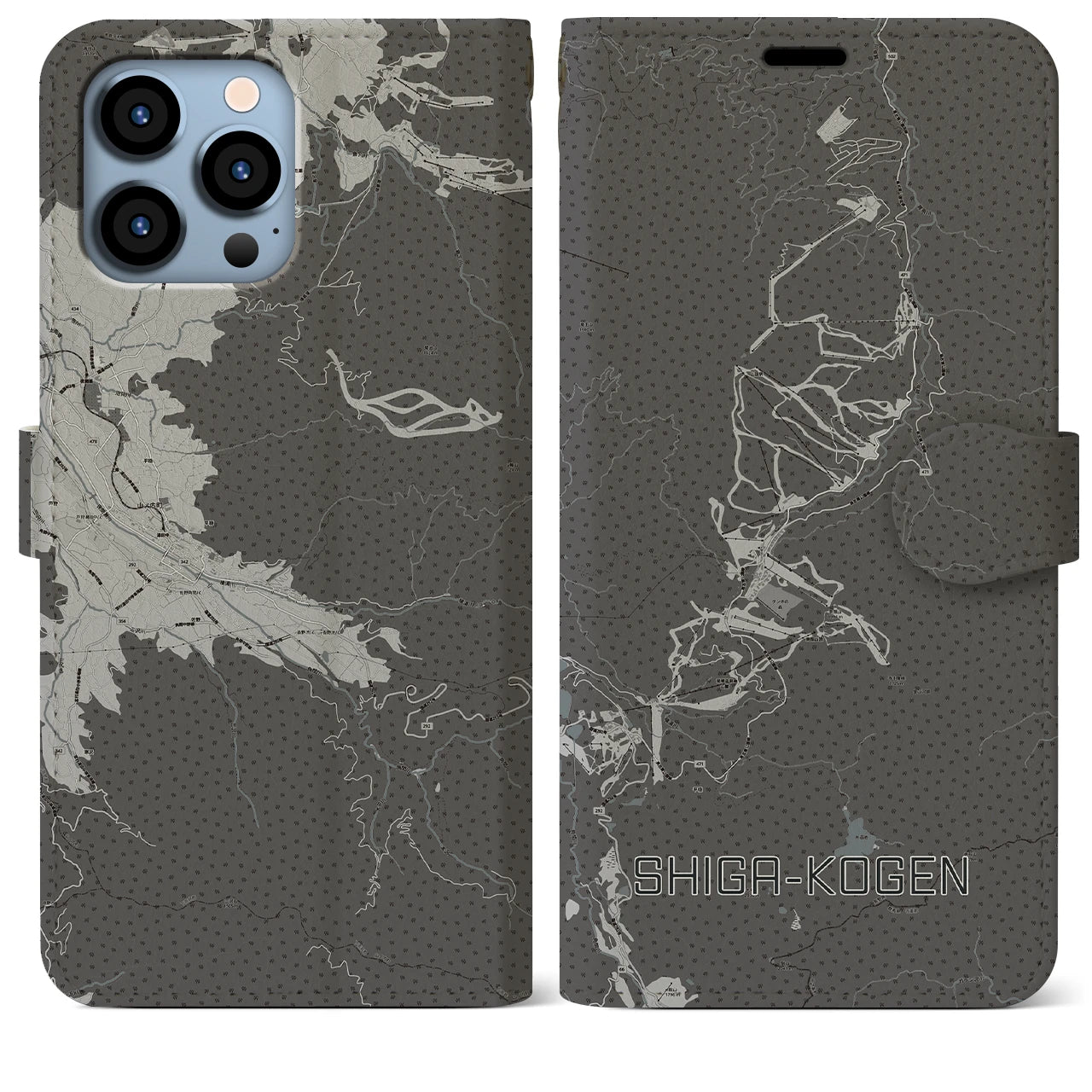【志賀高原(長野県)】地図柄iPhoneケース(手帳タイプ)モノトーン・iPhone 13 Pro Max 用
