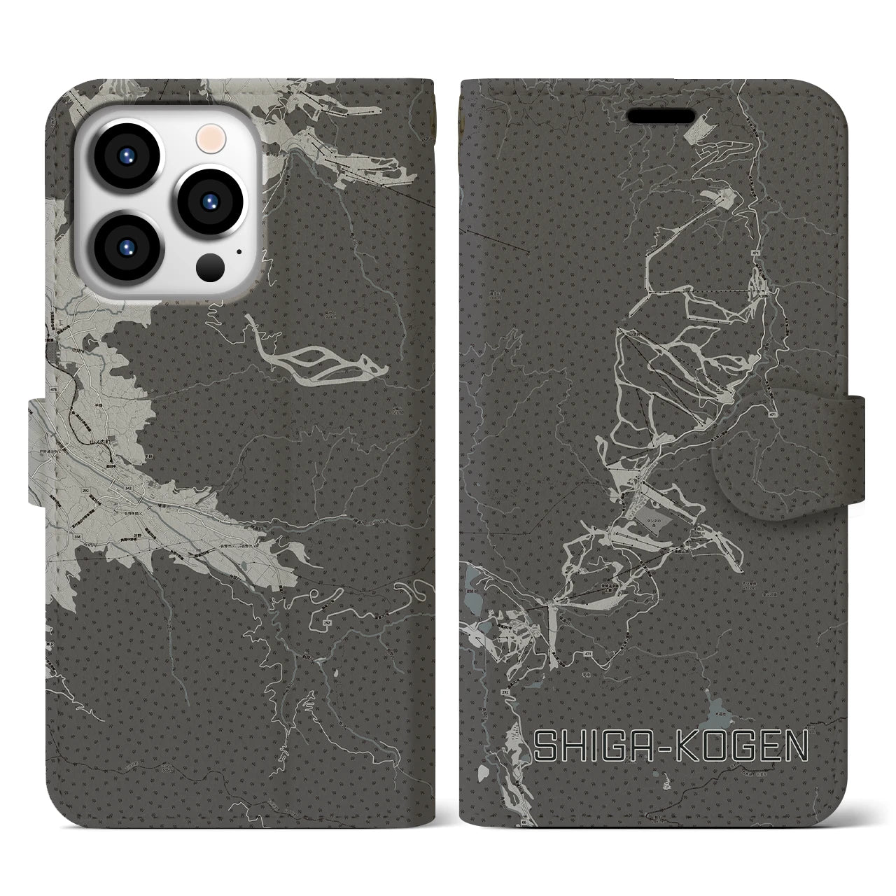 【志賀高原(長野県)】地図柄iPhoneケース(手帳タイプ)モノトーン・iPhone 13 Pro 用