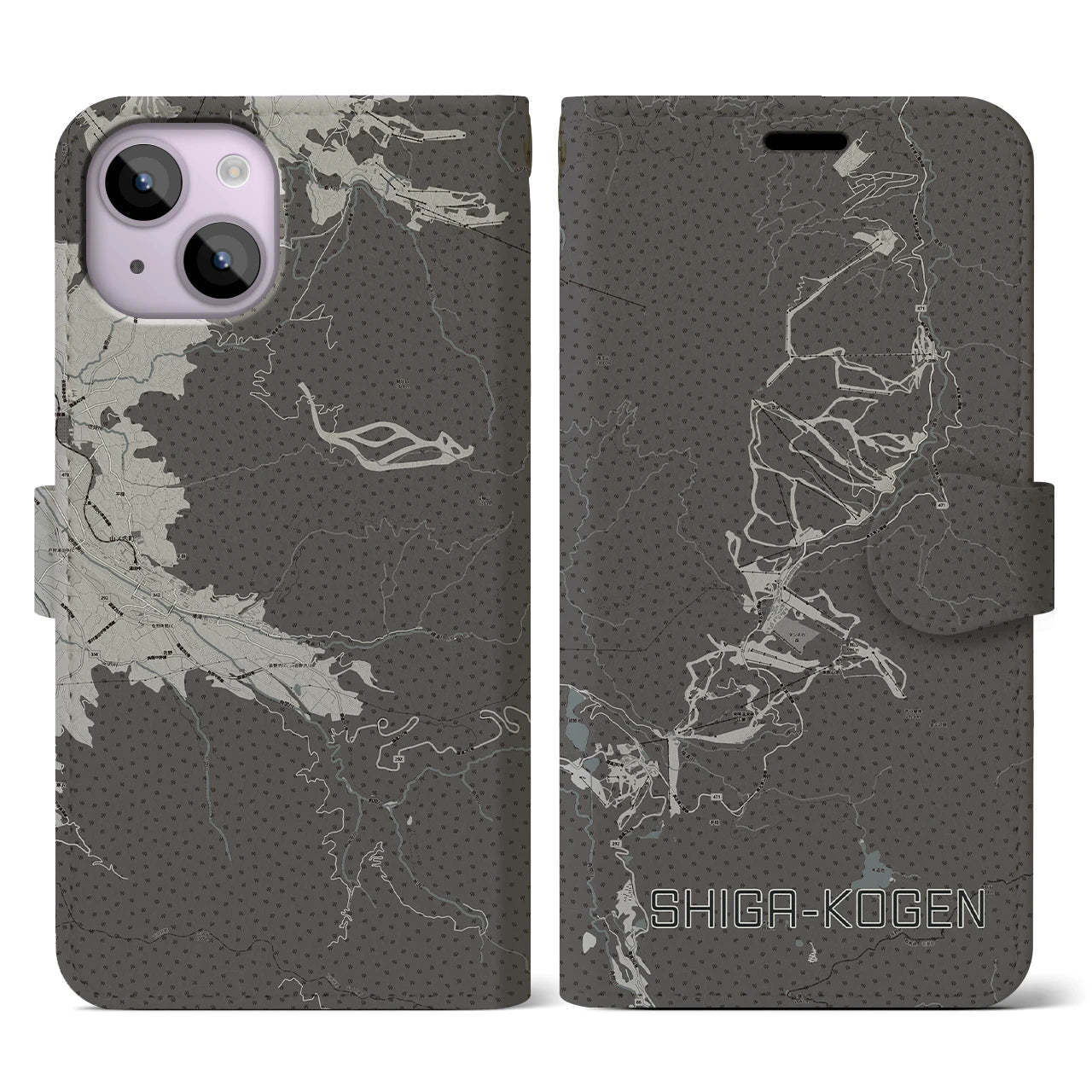 【志賀高原(長野県)】地図柄iPhoneケース(手帳タイプ)モノトーン・iPhone 14 用