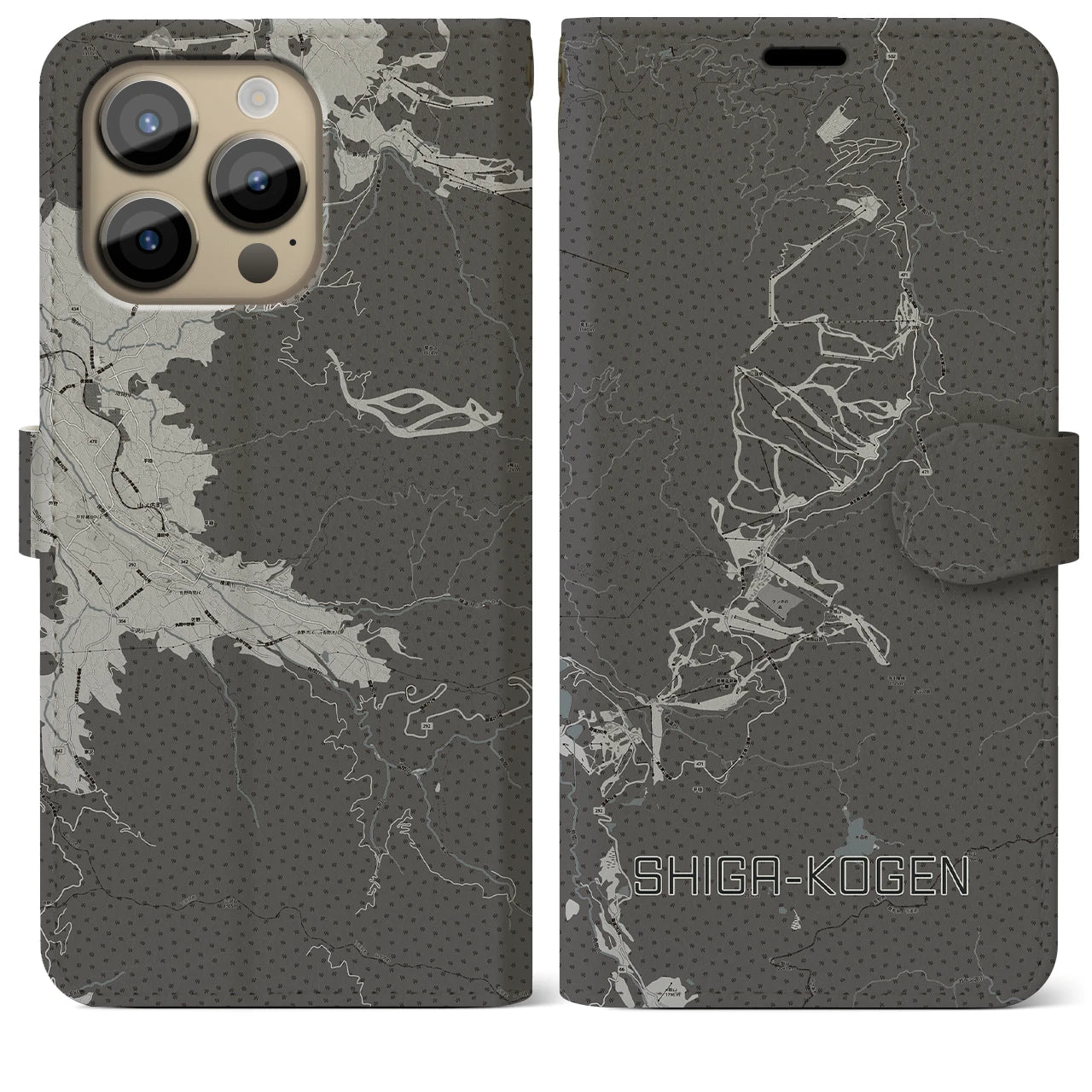 【志賀高原(長野県)】地図柄iPhoneケース(手帳タイプ)モノトーン・iPhone 14 Pro Max 用