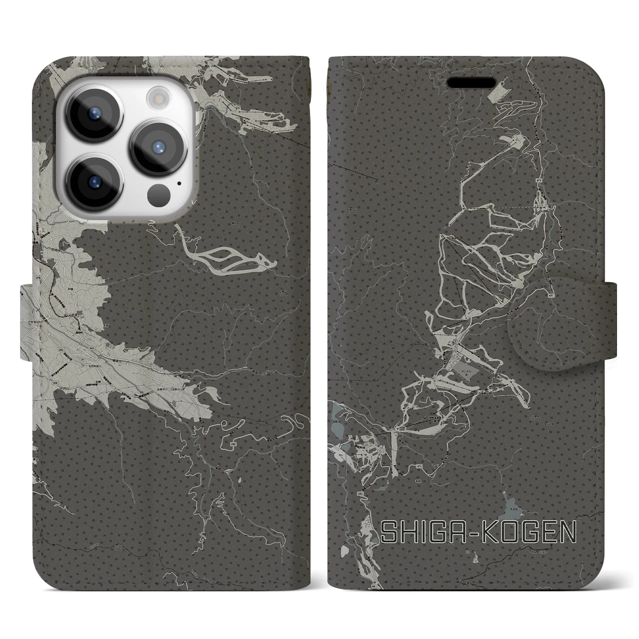 【志賀高原(長野県)】地図柄iPhoneケース(手帳タイプ)モノトーン・iPhone 14 Pro 用