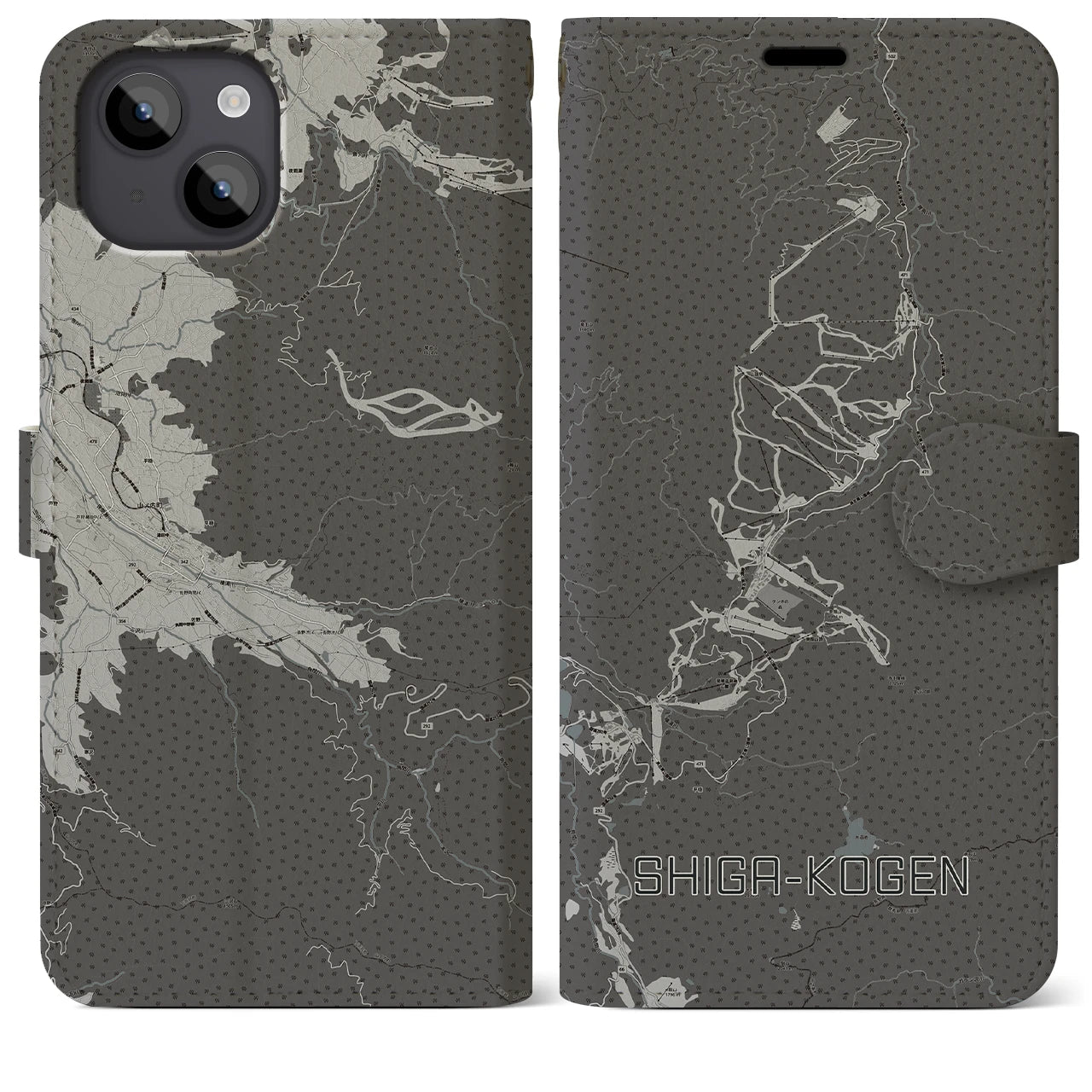 【志賀高原(長野県)】地図柄iPhoneケース(手帳タイプ)モノトーン・iPhone 14 Plus 用