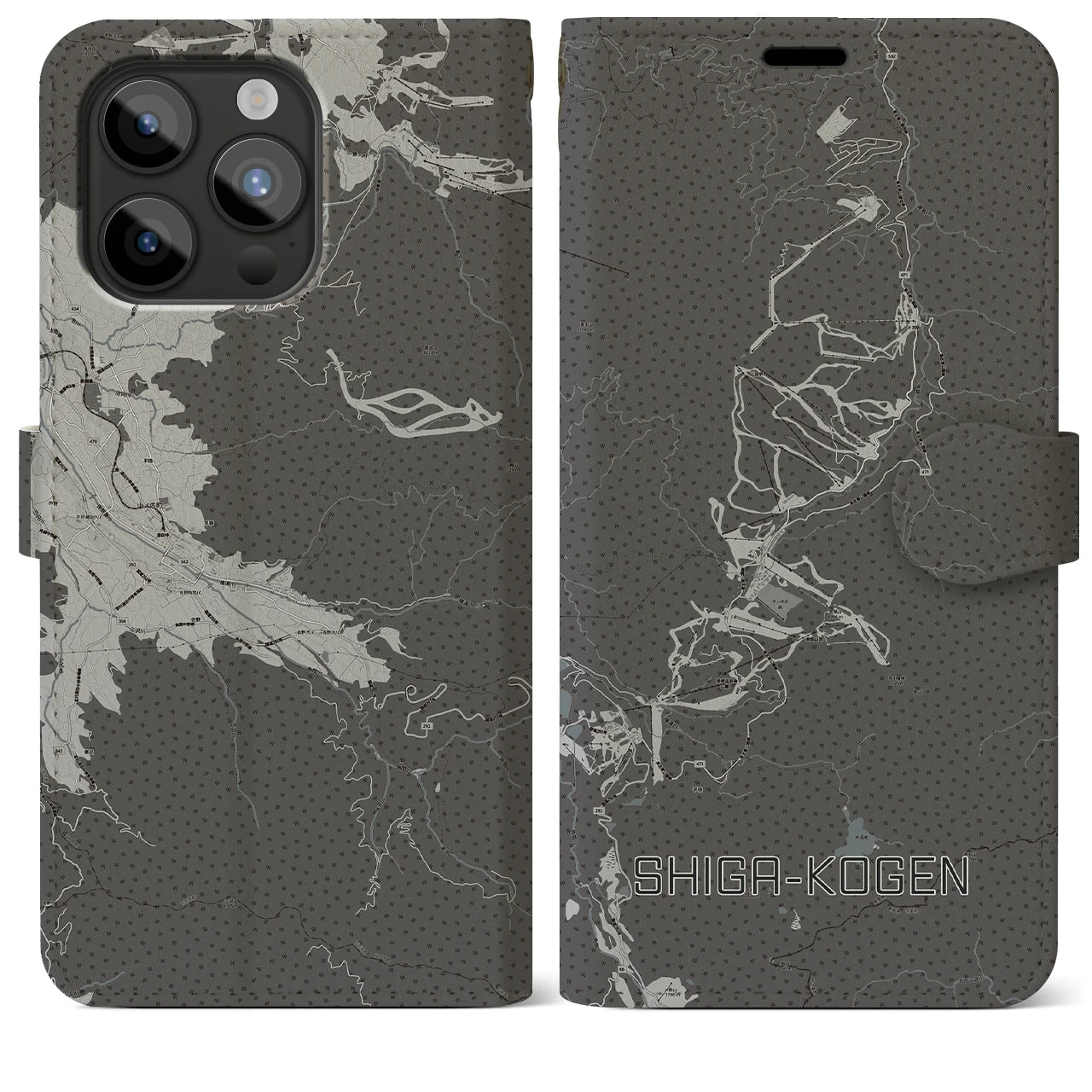 【志賀高原(長野県)】地図柄iPhoneケース(手帳タイプ)モノトーン・iPhone 15 Pro Max 用
