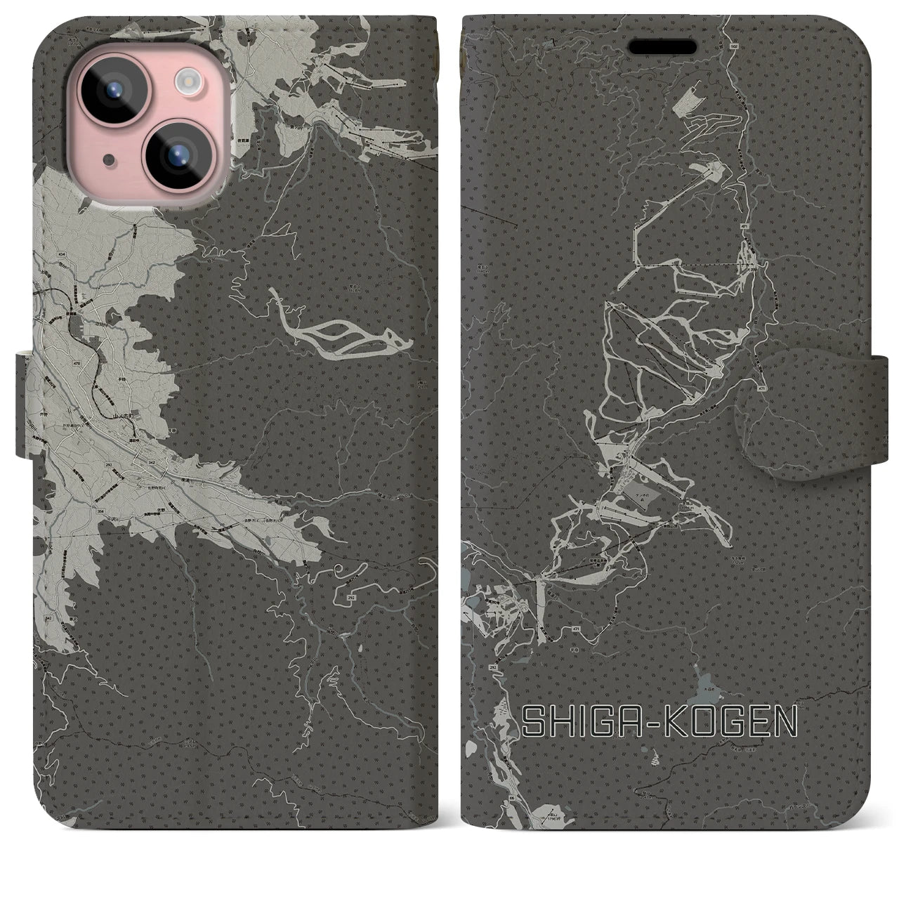 【志賀高原(長野県)】地図柄iPhoneケース(手帳タイプ)モノトーン・iPhone 15 Plus 用