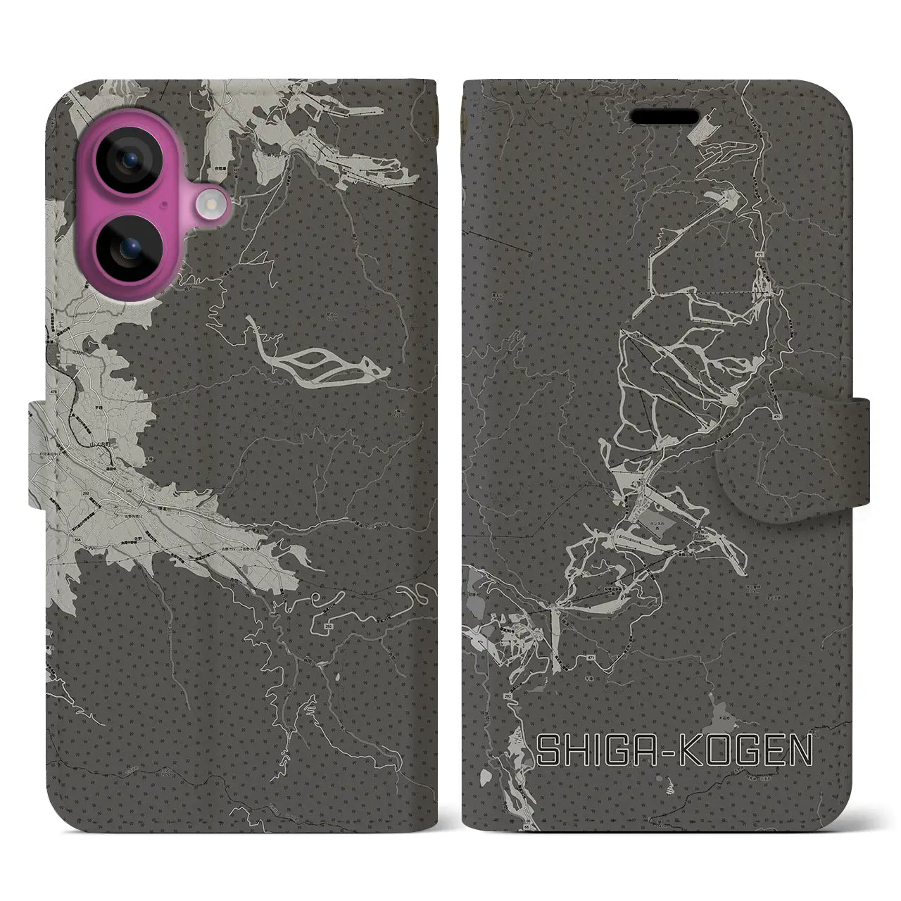 【志賀高原(長野県)】地図柄iPhoneケース(手帳タイプ)モノトーン・iPhone 16 Pro 用