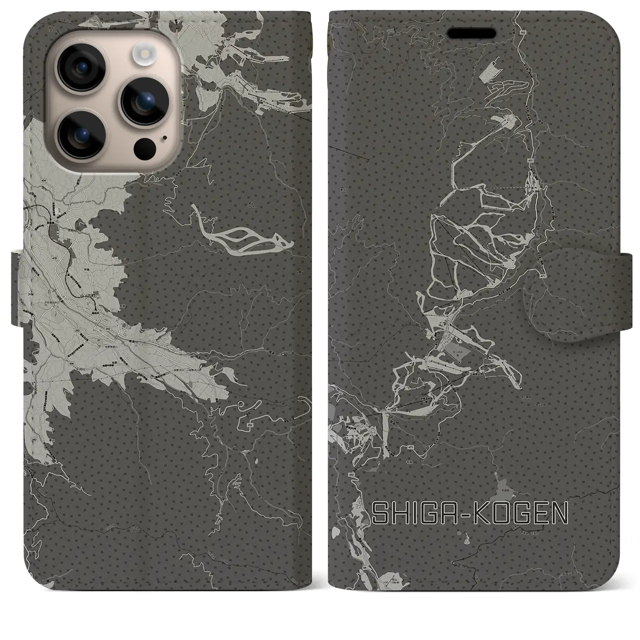 【志賀高原(長野県)】地図柄iPhoneケース(手帳タイプ)モノトーン・iPhone 16 Plus 用