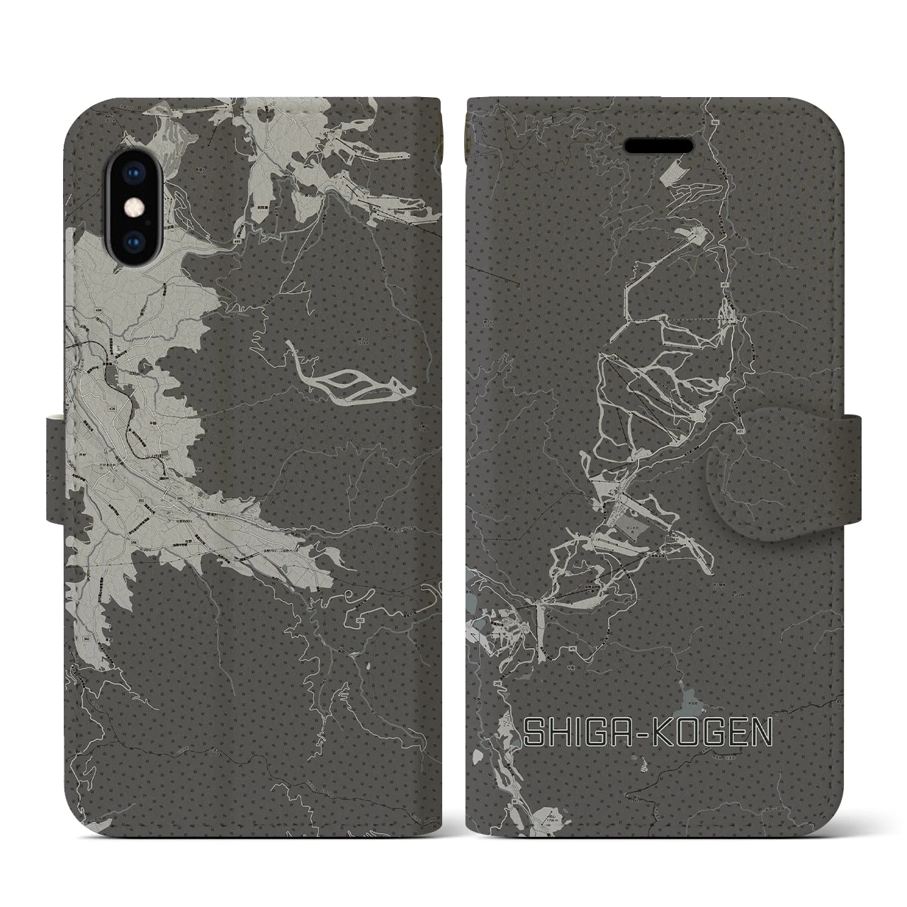 【志賀高原(長野県)】地図柄iPhoneケース(手帳タイプ)モノトーン・iPhone XS / X 用