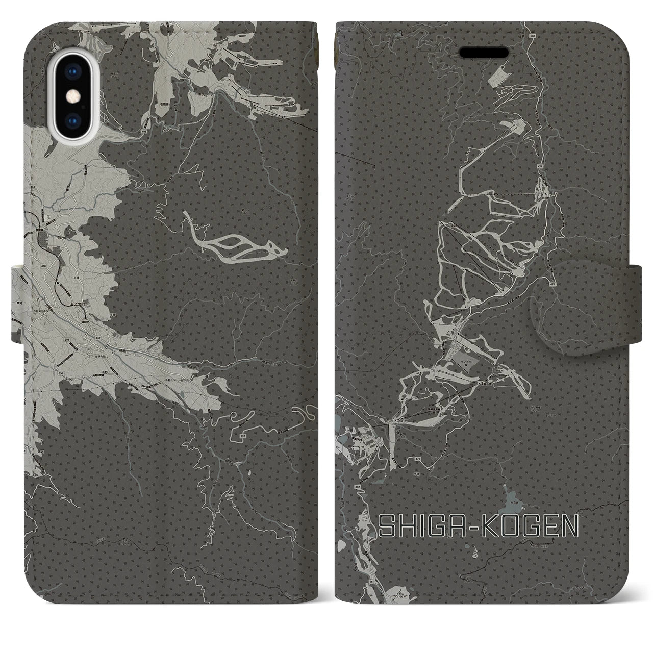 【志賀高原(長野県)】地図柄iPhoneケース(手帳タイプ)モノトーン・iPhone XS Max 用