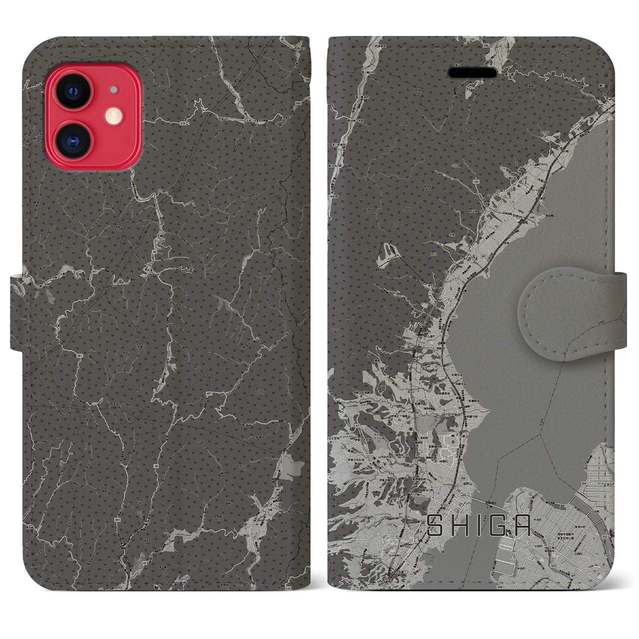 【志賀(滋賀県)】地図柄iPhoneケース(手帳タイプ)モノトーン・iPhone 11 用