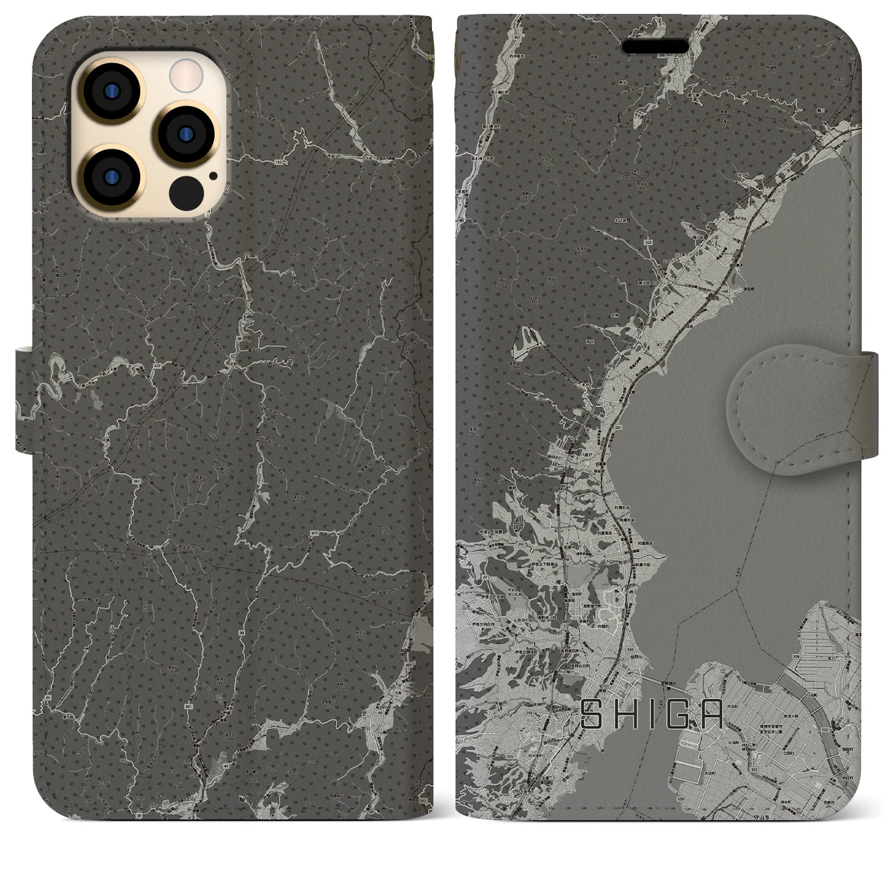 【志賀(滋賀県)】地図柄iPhoneケース(手帳タイプ)モノトーン・iPhone 12 Pro Max 用