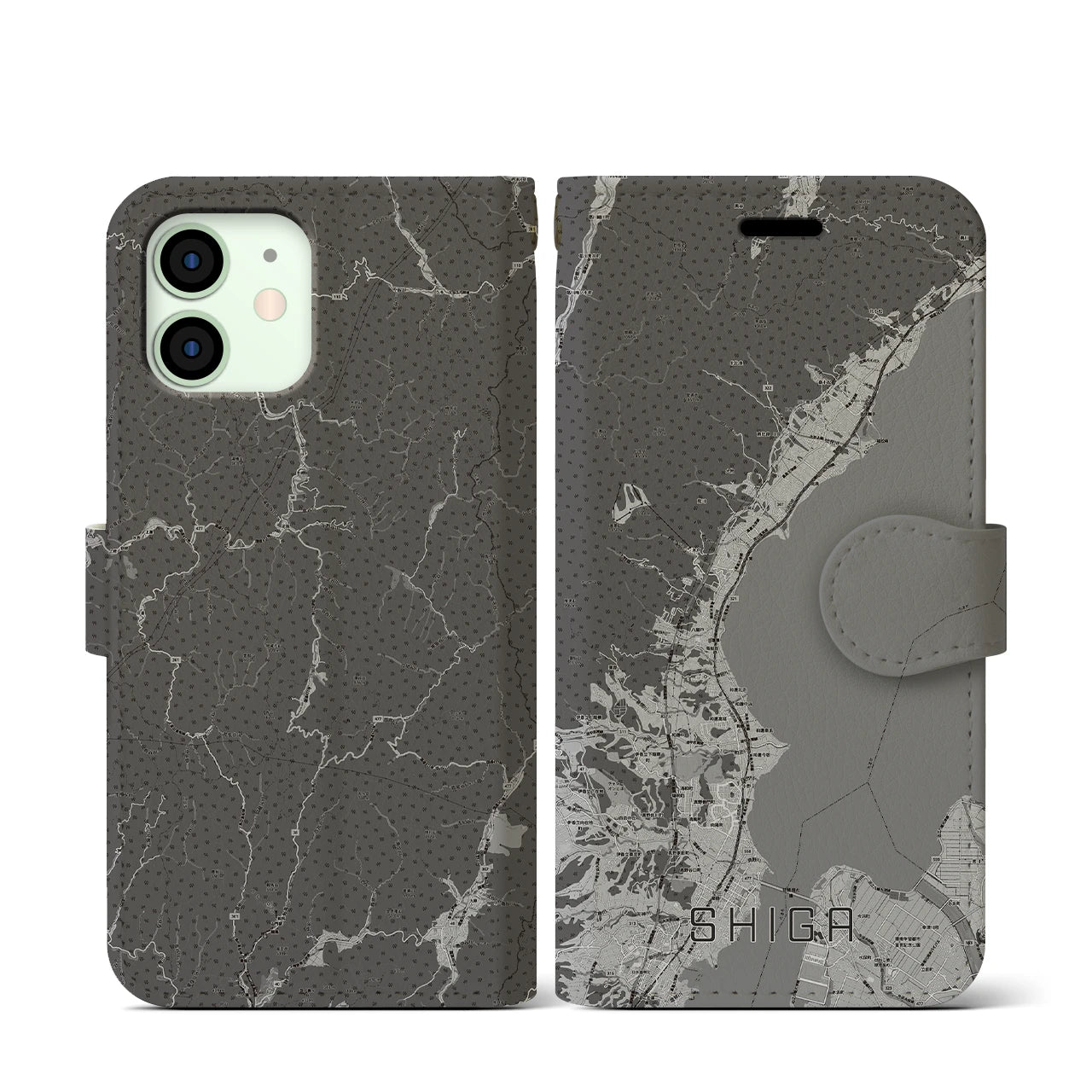 【志賀(滋賀県)】地図柄iPhoneケース(手帳タイプ)モノトーン・iPhone 12 mini 用