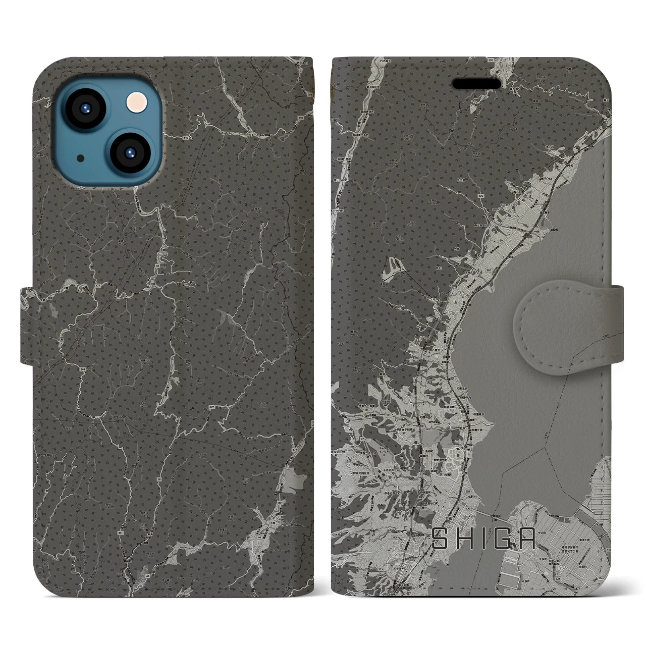 【志賀(滋賀県)】地図柄iPhoneケース(手帳タイプ)モノトーン・iPhone 13 用