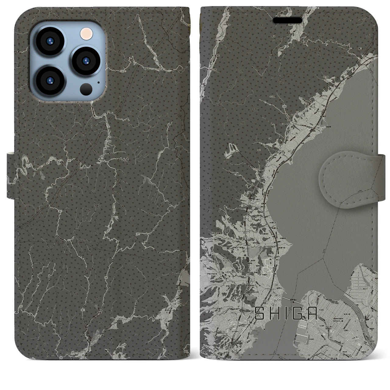 【志賀(滋賀県)】地図柄iPhoneケース(手帳タイプ)モノトーン・iPhone 13 Pro Max 用