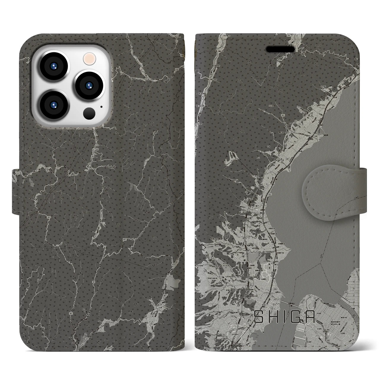 【志賀(滋賀県)】地図柄iPhoneケース(手帳タイプ)モノトーン・iPhone 13 Pro 用