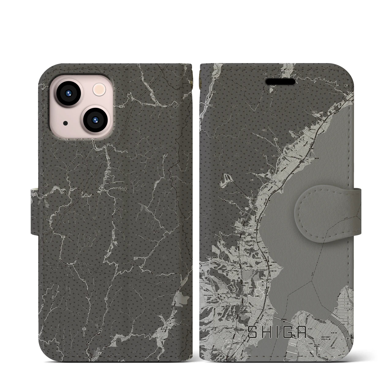 【志賀(滋賀県)】地図柄iPhoneケース(手帳タイプ)モノトーン・iPhone 13 mini 用
