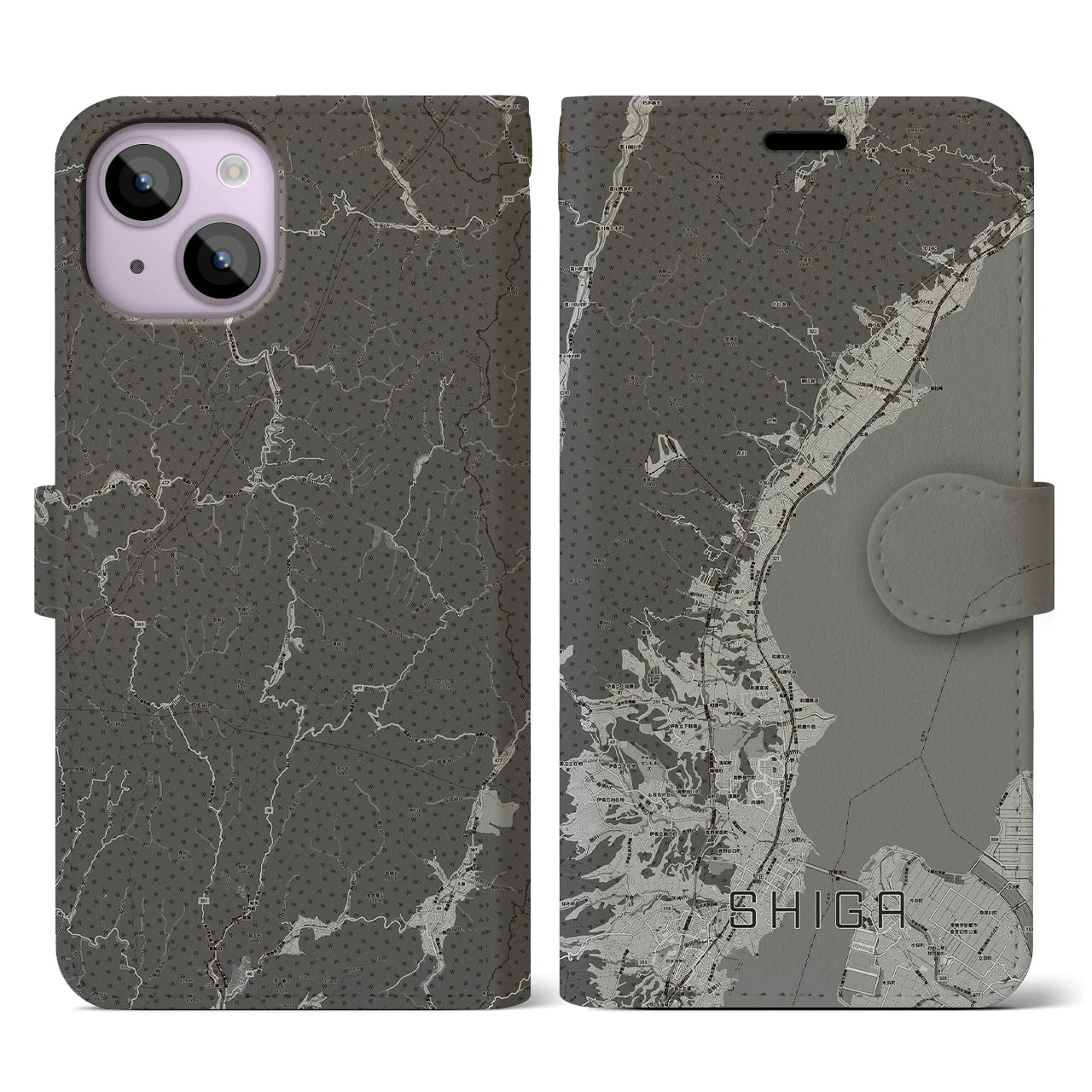 【志賀(滋賀県)】地図柄iPhoneケース(手帳タイプ)モノトーン・iPhone 14 用