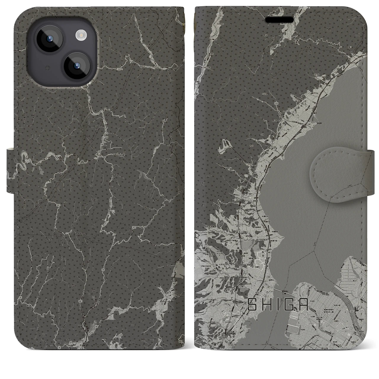 【志賀(滋賀県)】地図柄iPhoneケース(手帳タイプ)モノトーン・iPhone 14 Plus 用