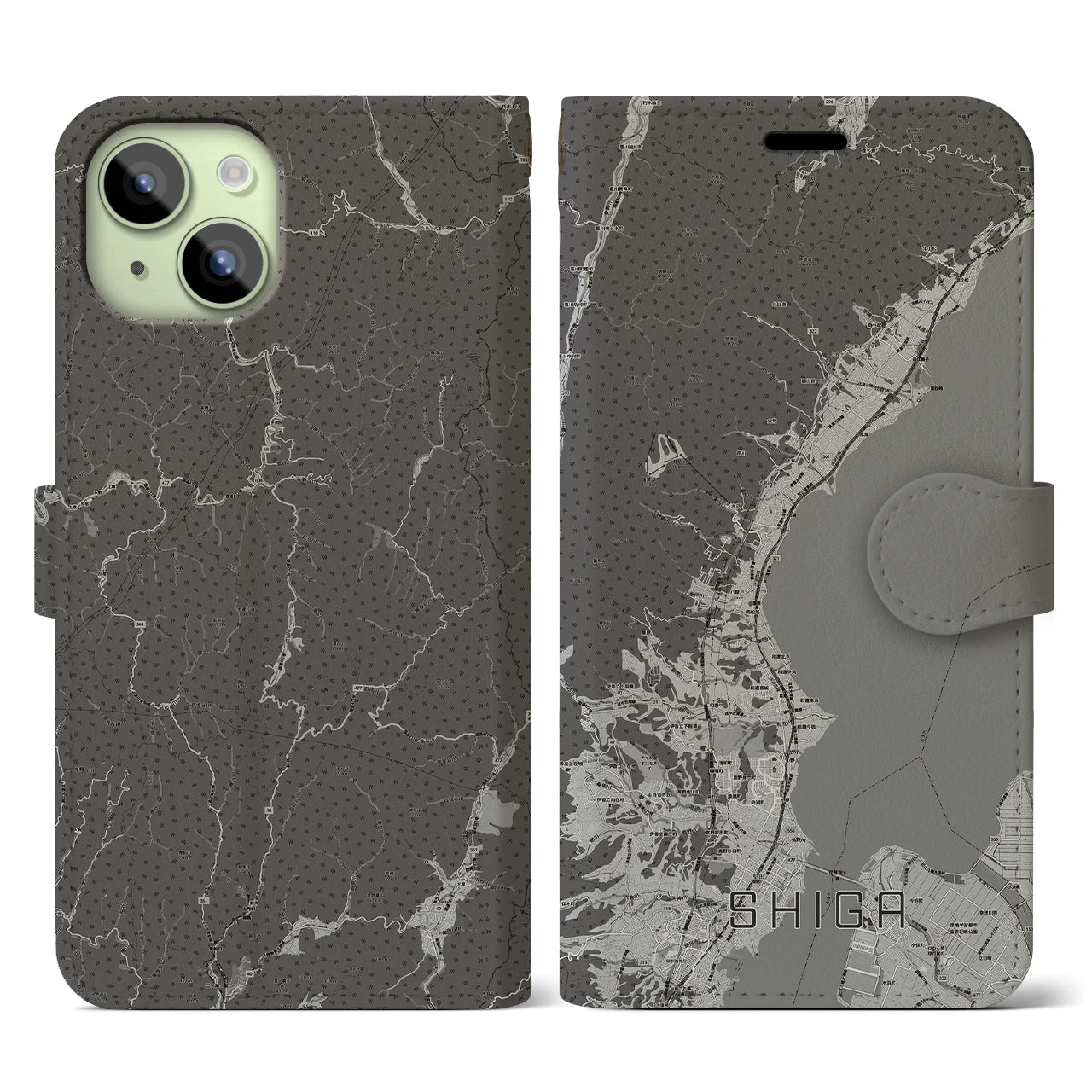 【志賀(滋賀県)】地図柄iPhoneケース(手帳タイプ)モノトーン・iPhone 15 用