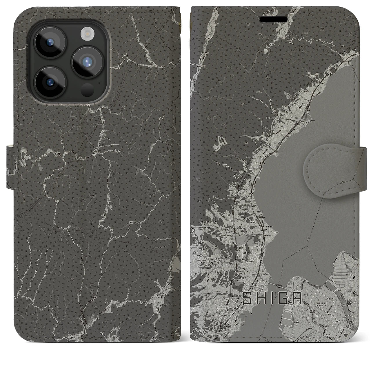 【志賀(滋賀県)】地図柄iPhoneケース(手帳タイプ)モノトーン・iPhone 15 Pro Max 用