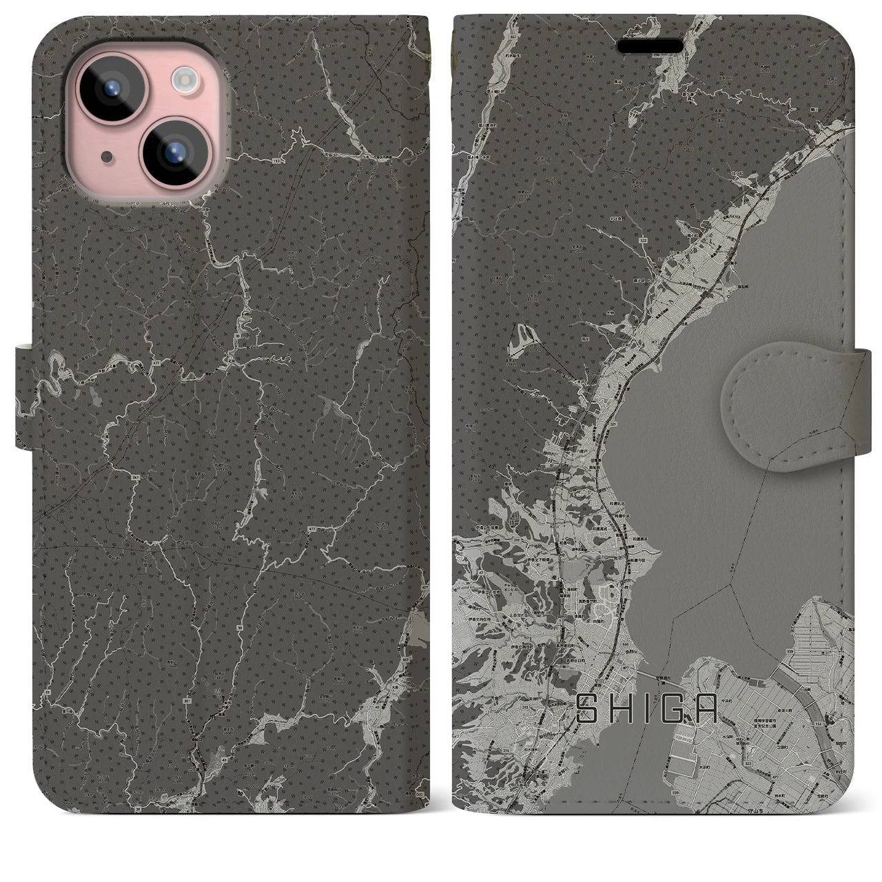 【志賀(滋賀県)】地図柄iPhoneケース(手帳タイプ)モノトーン・iPhone 15 Plus 用