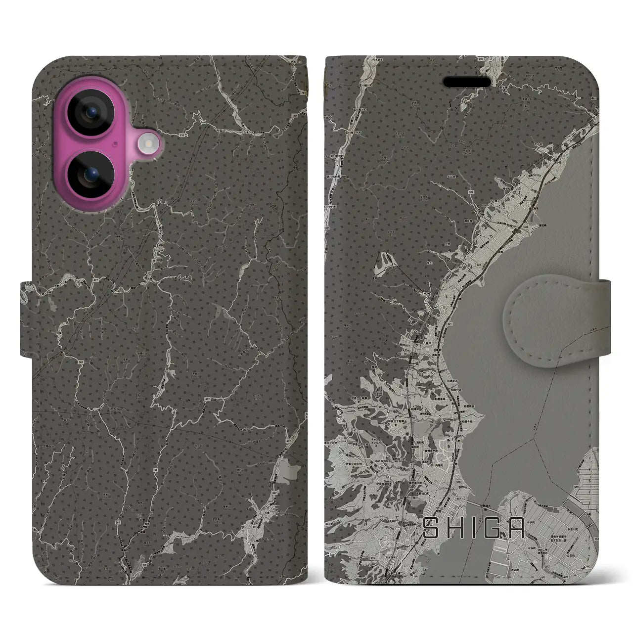 【志賀(滋賀県)】地図柄iPhoneケース(手帳タイプ)モノトーン・iPhone 16 Pro 用