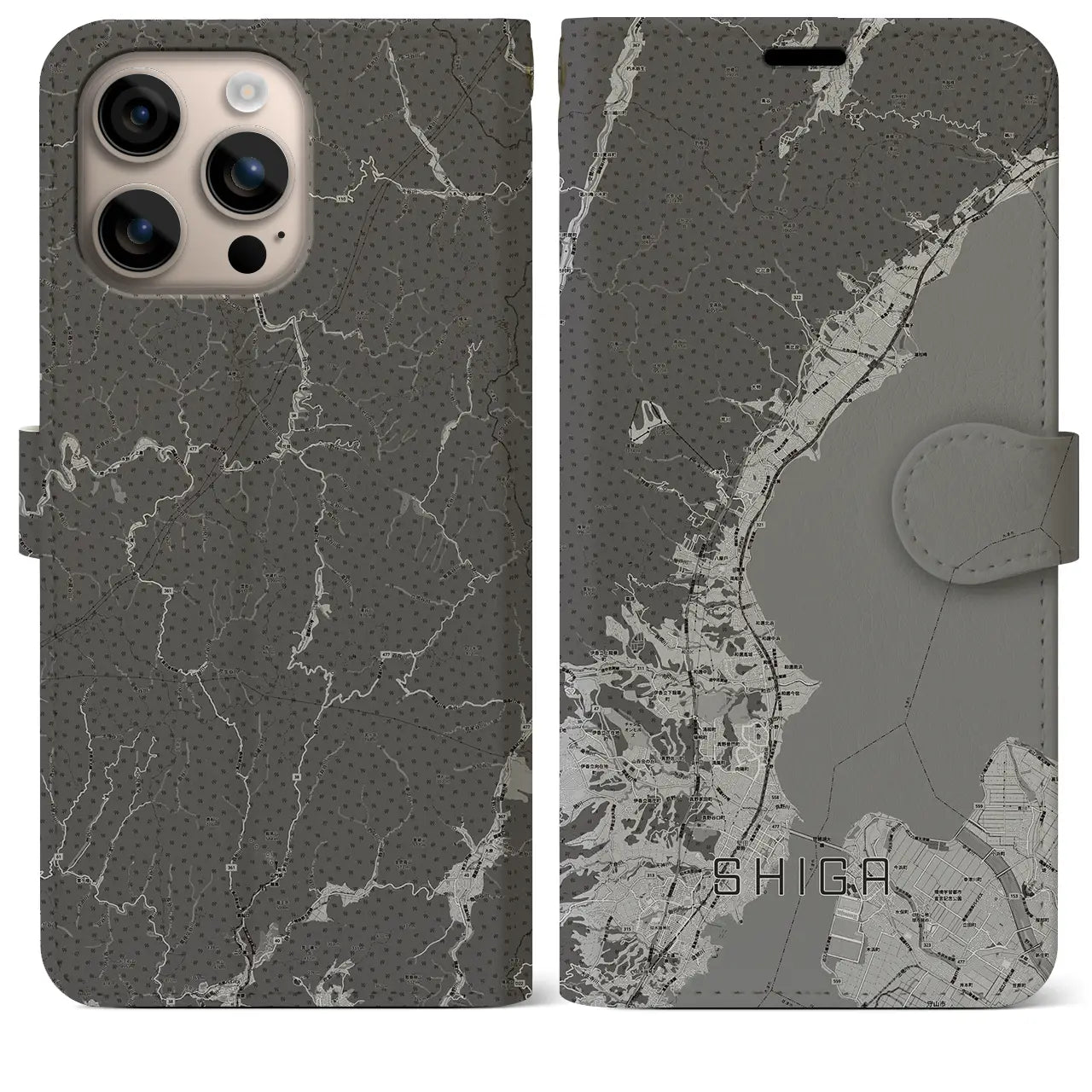 【志賀(滋賀県)】地図柄iPhoneケース(手帳タイプ)モノトーン・iPhone 16 Plus 用