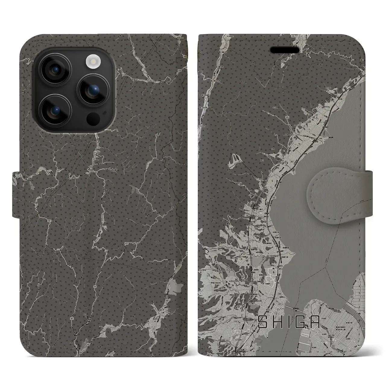 【志賀(滋賀県)】地図柄iPhoneケース(手帳タイプ)モノトーン・iPhone 16 用