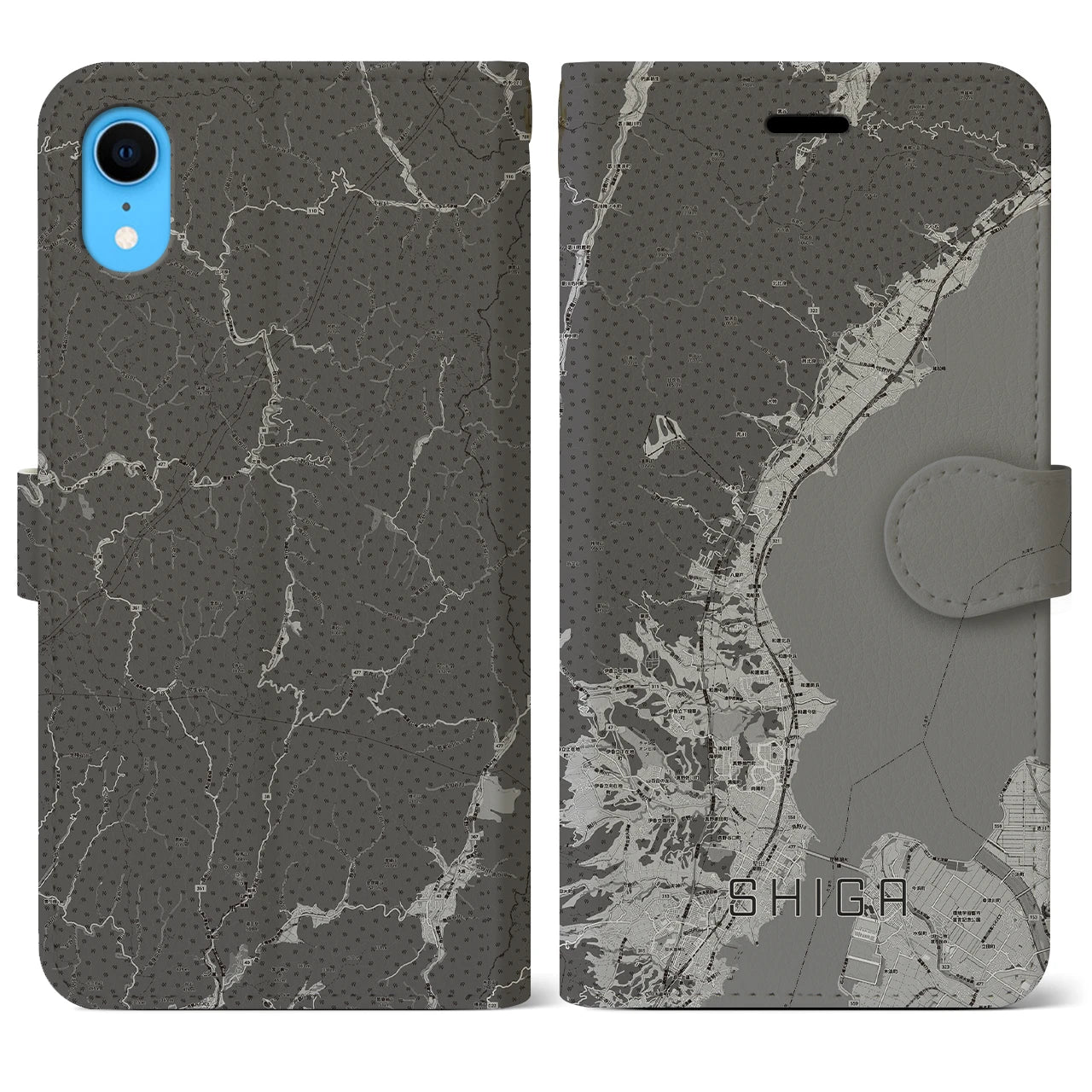 【志賀(滋賀県)】地図柄iPhoneケース(手帳タイプ)モノトーン・iPhone XR 用