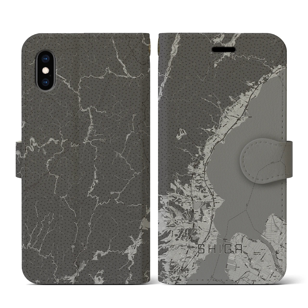 【志賀(滋賀県)】地図柄iPhoneケース(手帳タイプ)モノトーン・iPhone XS / X 用