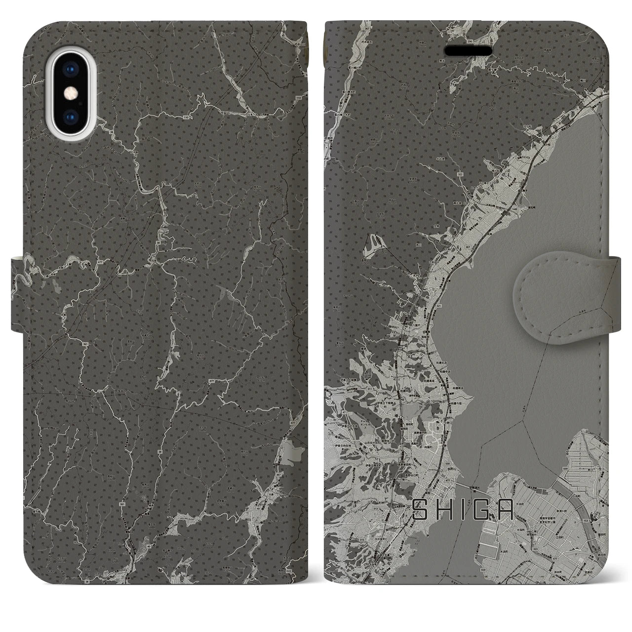 【志賀(滋賀県)】地図柄iPhoneケース(手帳タイプ)モノトーン・iPhone XS Max 用