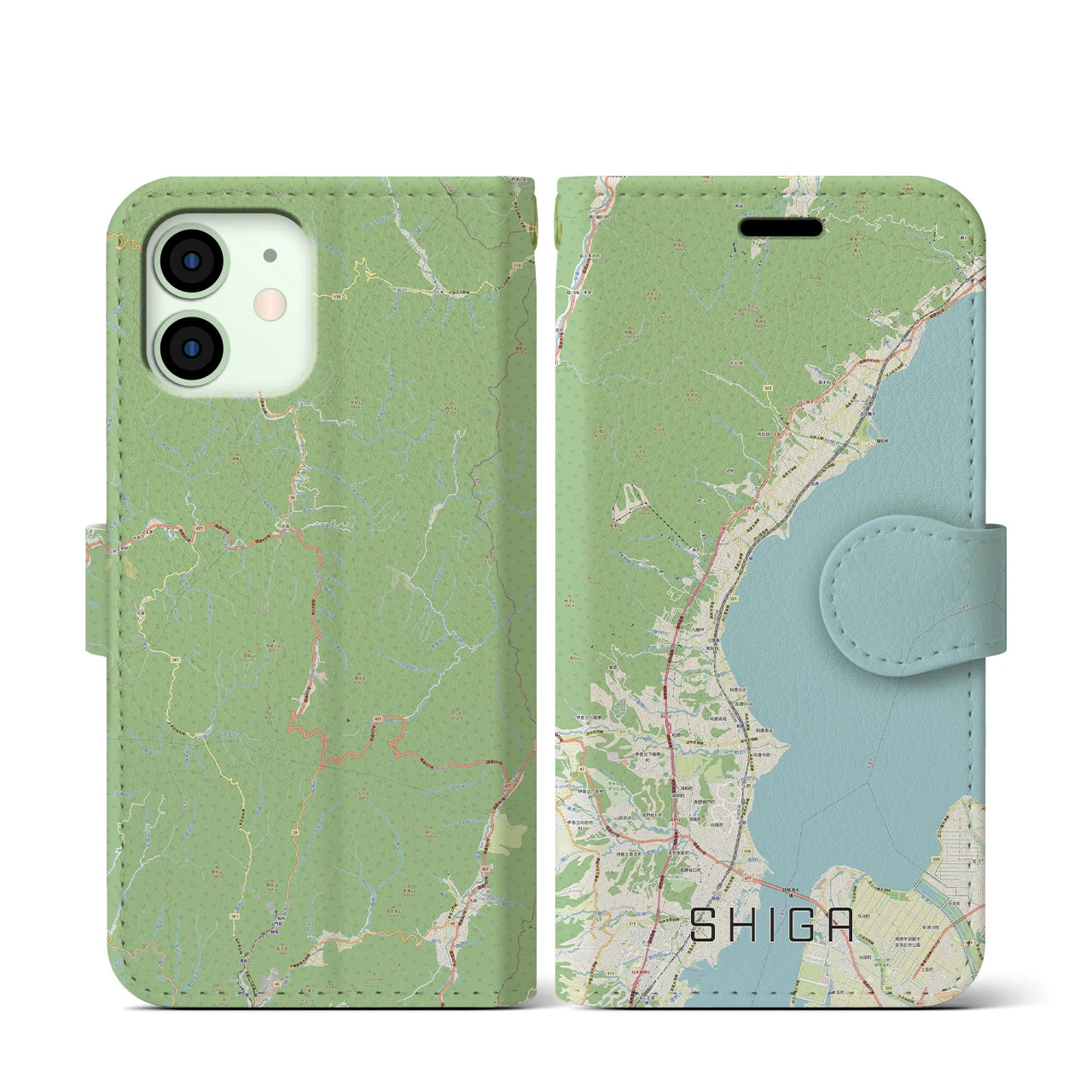 【志賀(滋賀県)】地図柄iPhoneケース(手帳タイプ)ナチュラル・iPhone 12 mini 用