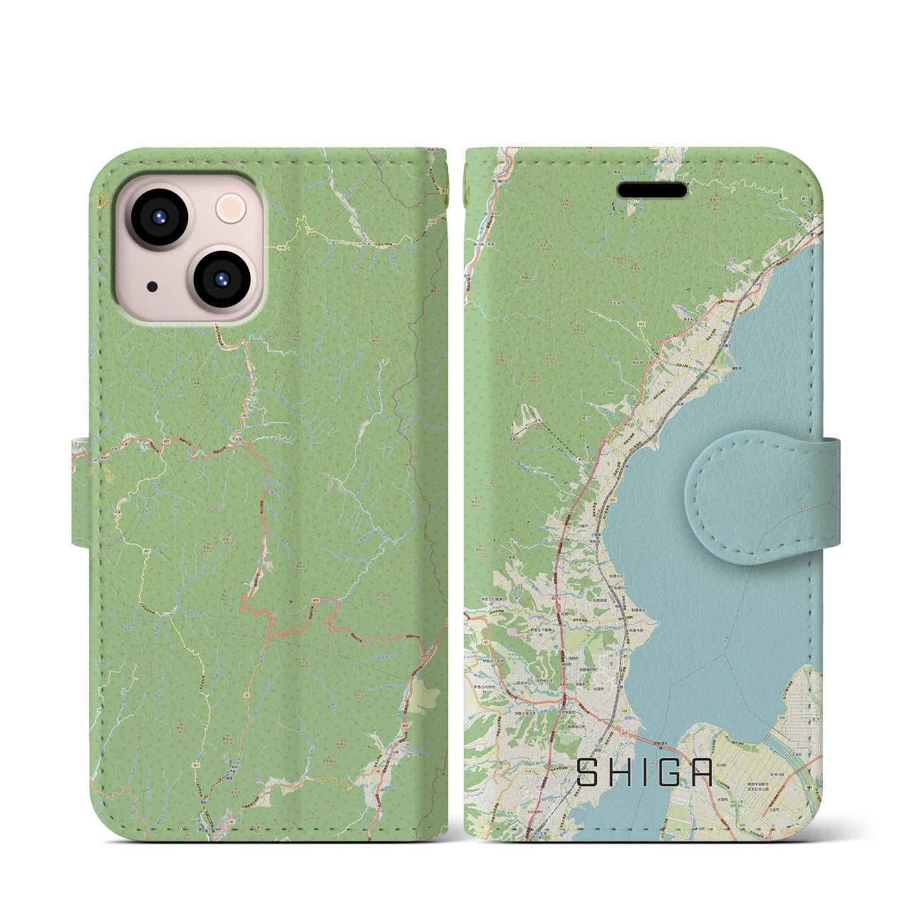 【志賀(滋賀県)】地図柄iPhoneケース(手帳タイプ)ナチュラル・iPhone 13 mini 用