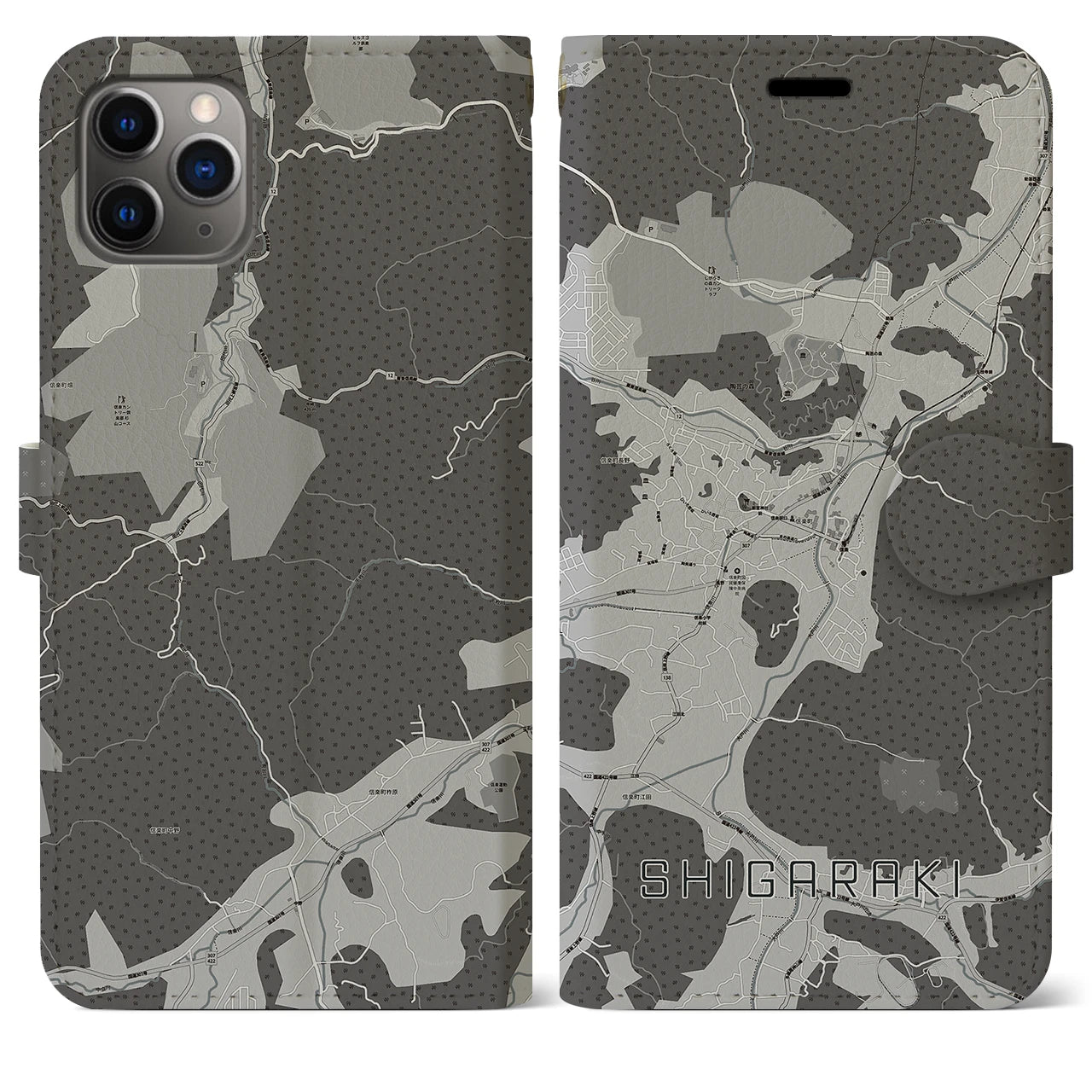【信楽(滋賀県)】地図柄iPhoneケース(手帳タイプ)モノトーン・iPhone 11 Pro Max 用