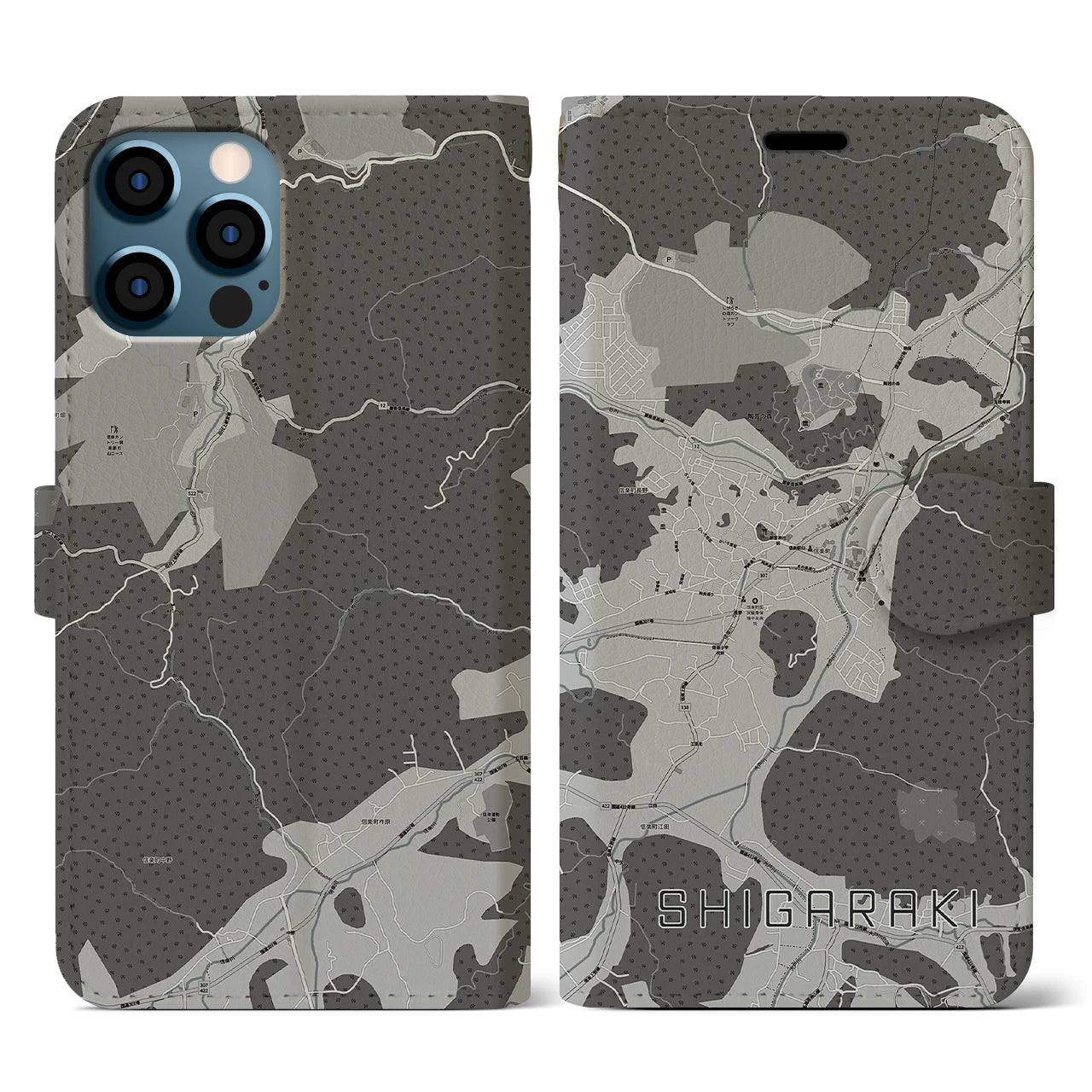 【信楽(滋賀県)】地図柄iPhoneケース(手帳タイプ)モノトーン・iPhone 12 / 12 Pro 用