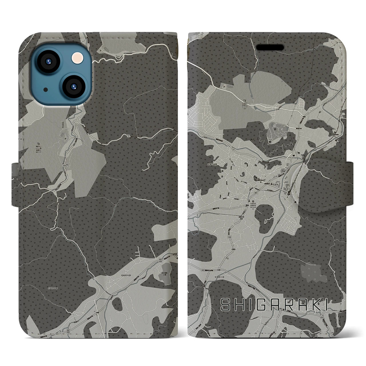 【信楽(滋賀県)】地図柄iPhoneケース(手帳タイプ)モノトーン・iPhone 13 用