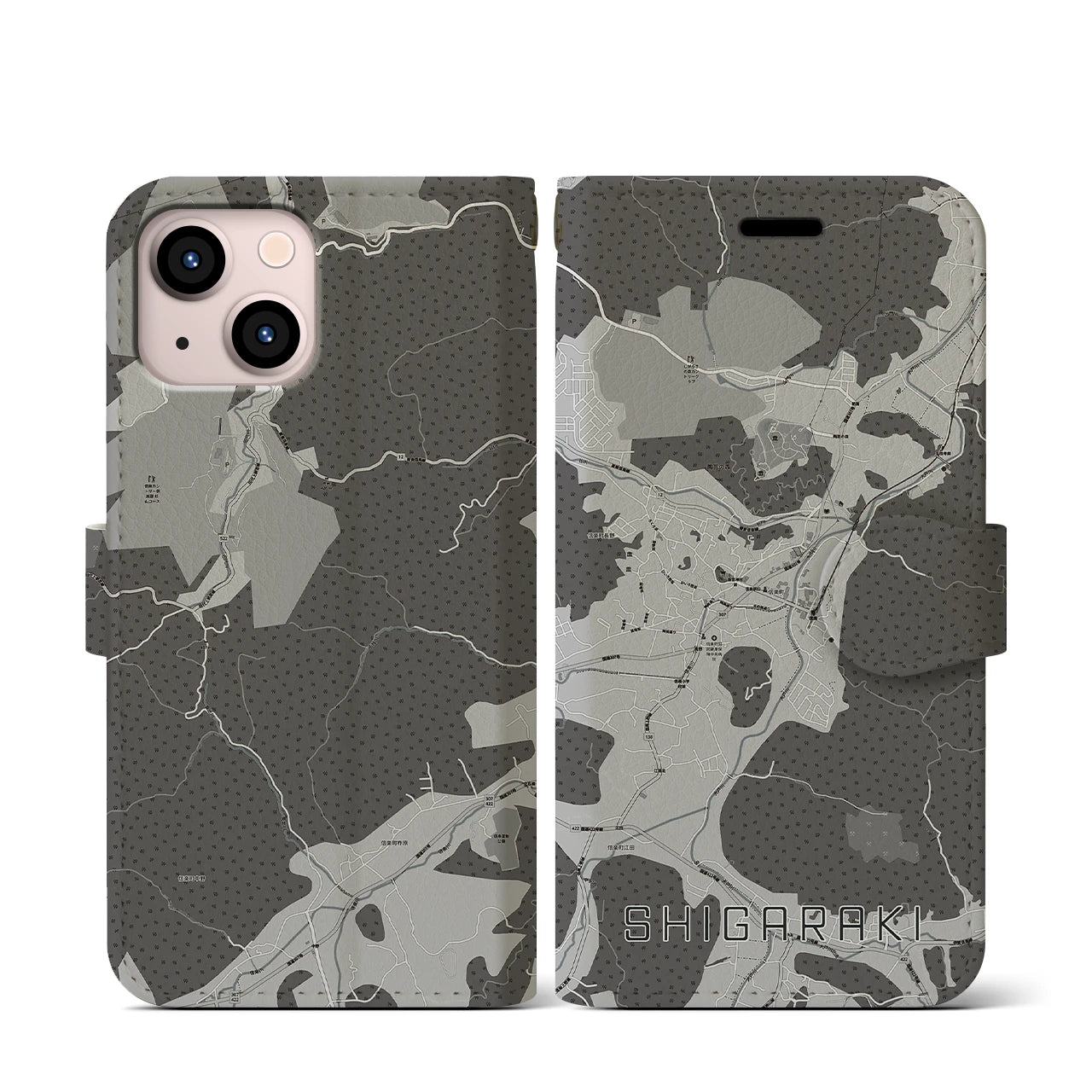 【信楽(滋賀県)】地図柄iPhoneケース(手帳タイプ)モノトーン・iPhone 13 mini 用