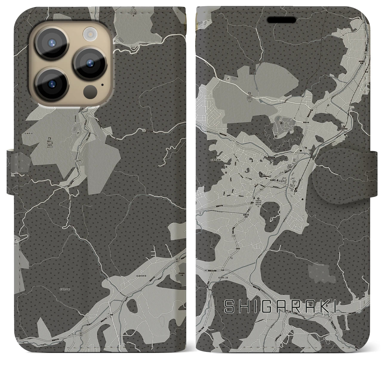 【信楽(滋賀県)】地図柄iPhoneケース(手帳タイプ)モノトーン・iPhone 14 Pro Max 用
