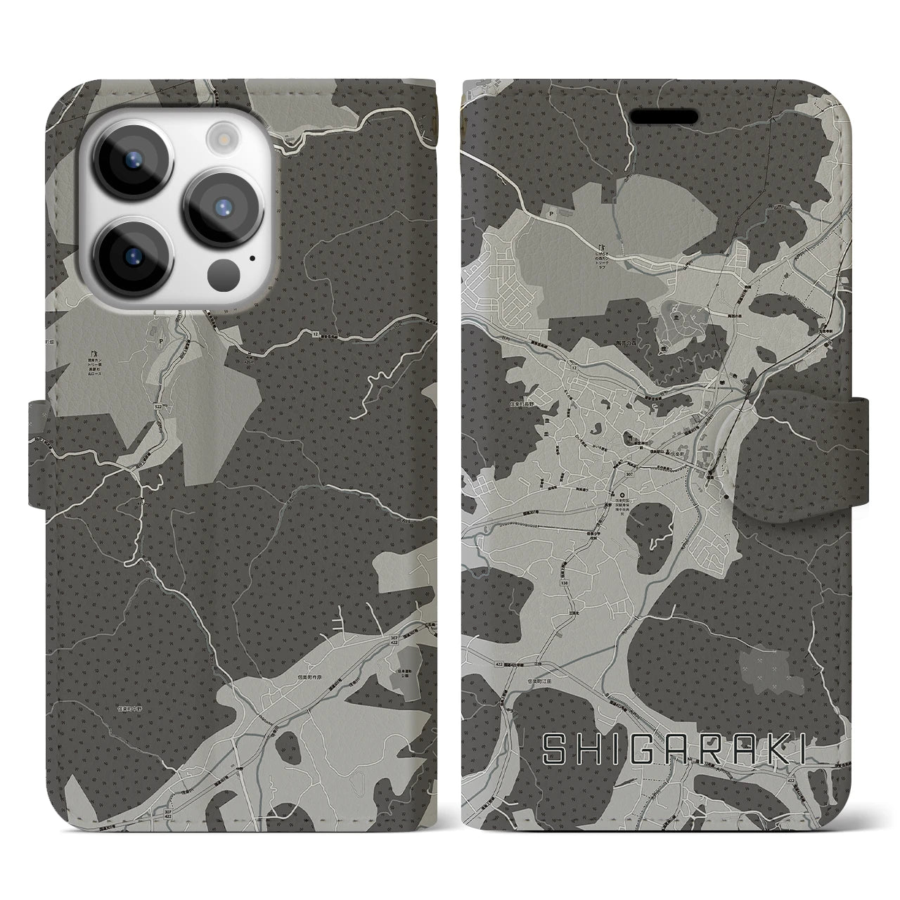 【信楽(滋賀県)】地図柄iPhoneケース(手帳タイプ)モノトーン・iPhone 14 Pro 用