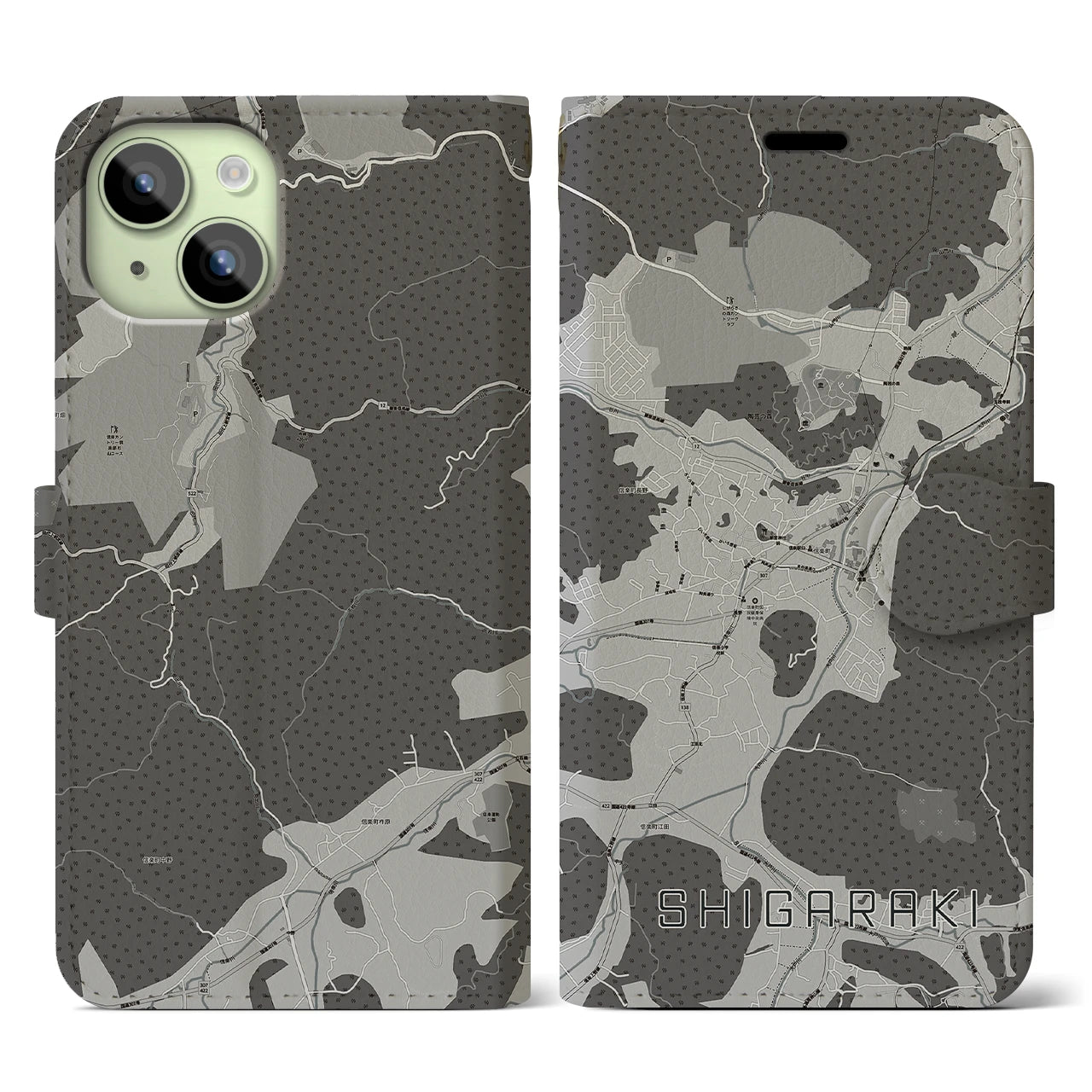 【信楽(滋賀県)】地図柄iPhoneケース(手帳タイプ)モノトーン・iPhone 15 用