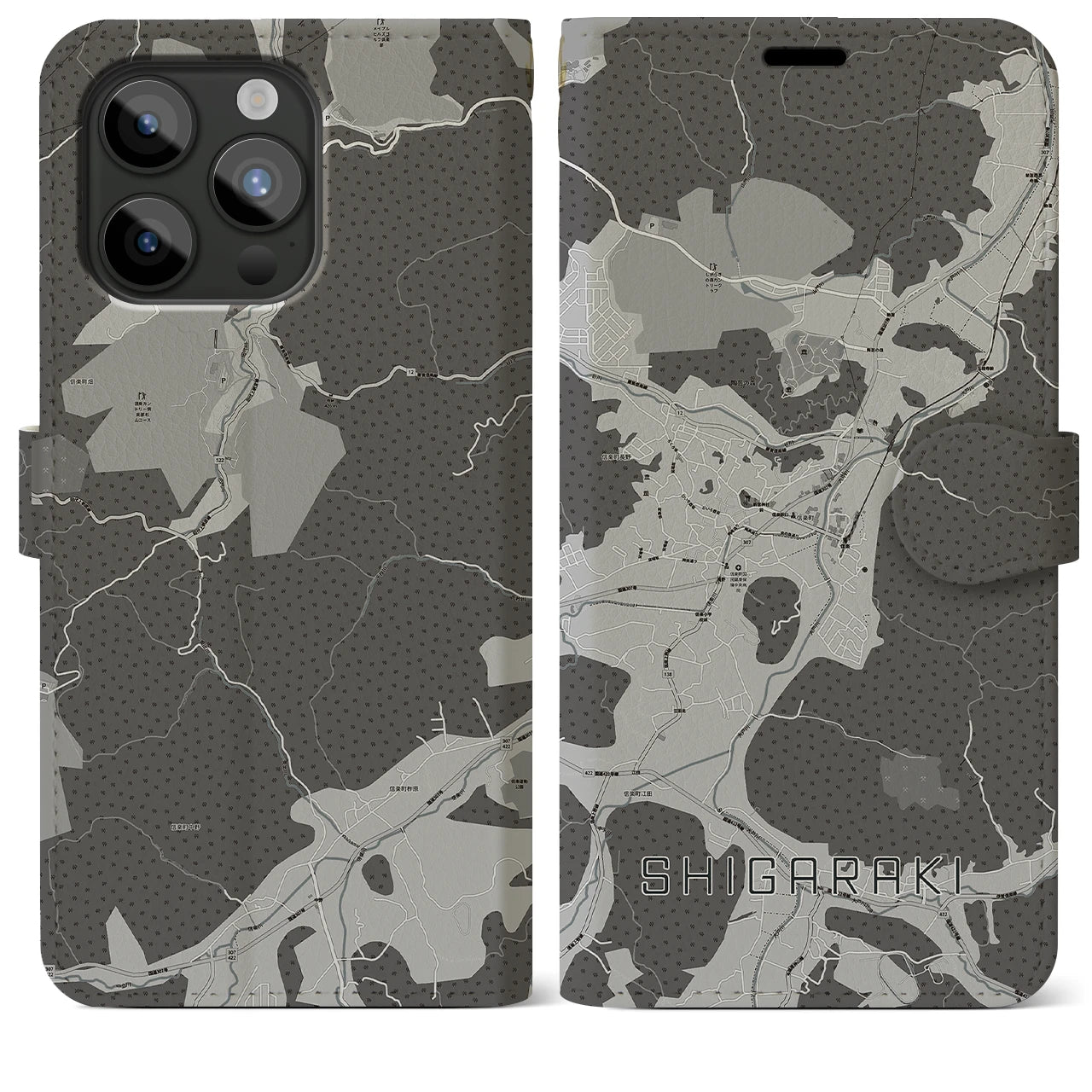 【信楽(滋賀県)】地図柄iPhoneケース(手帳タイプ)モノトーン・iPhone 15 Pro Max 用